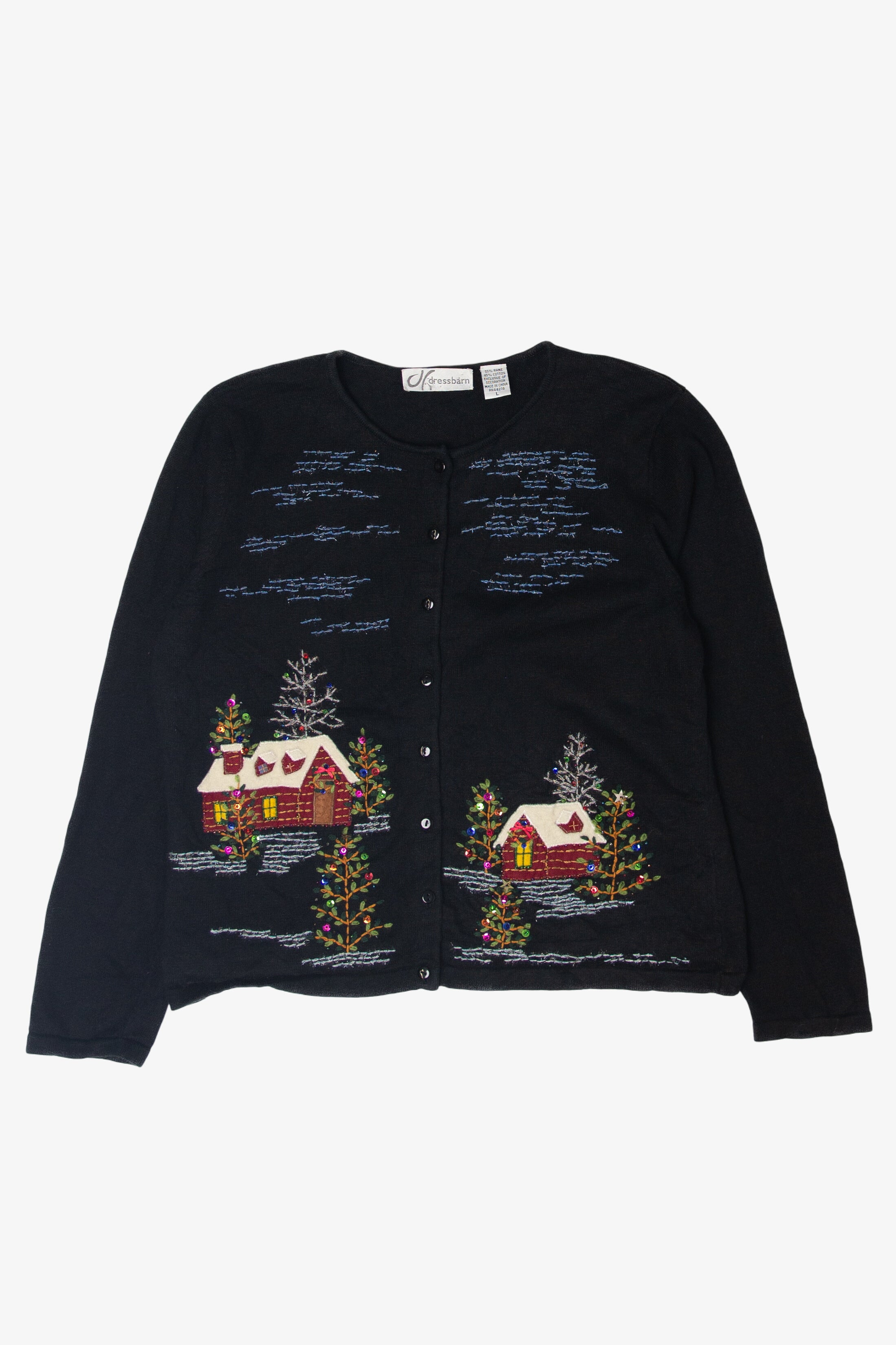 Vintage Snowy Houses Ugly Christmas Cardigans (1990s)