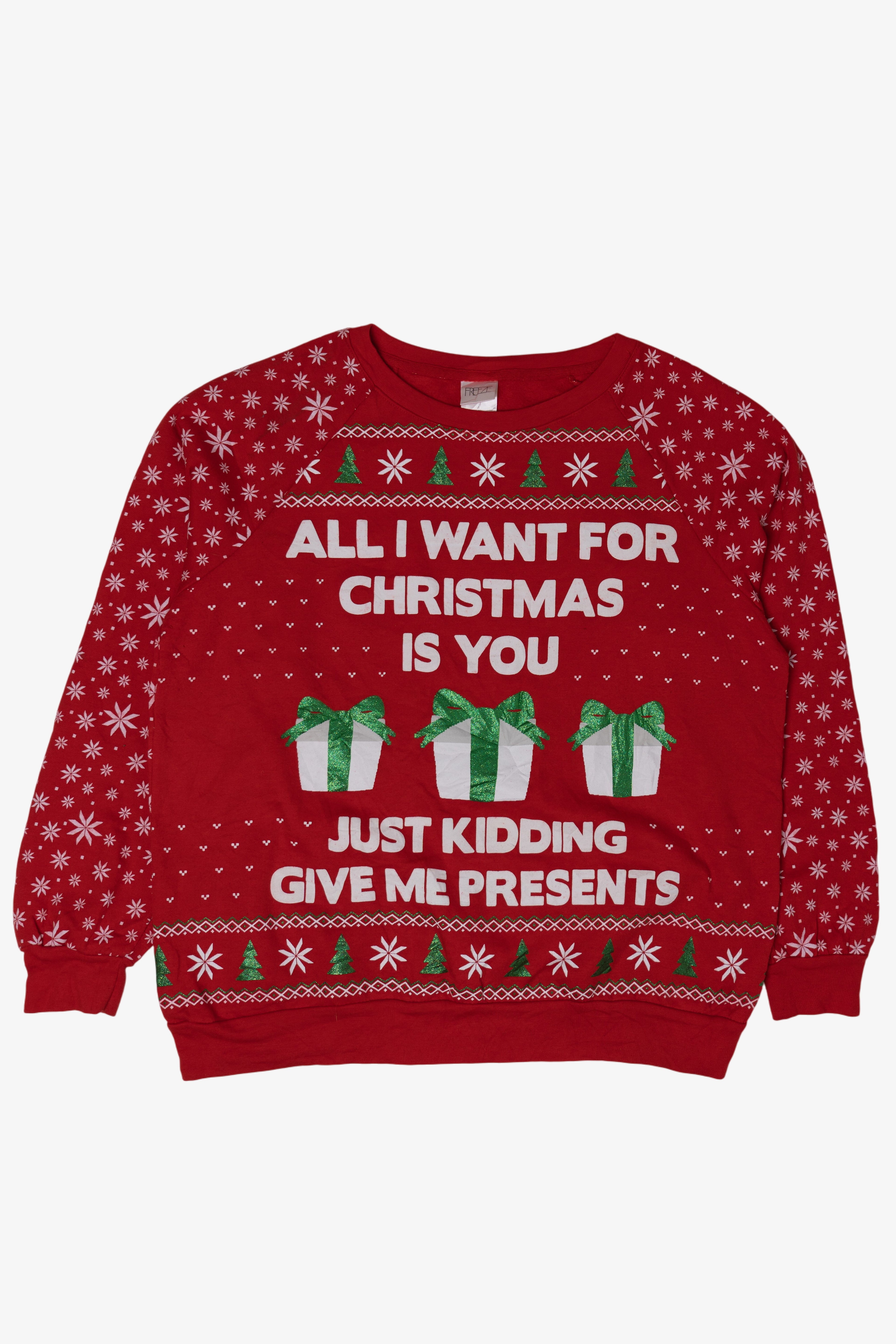 Vintage "Just Kidding Give Me Presents" Ugly Christmas Sweaters (2010s)