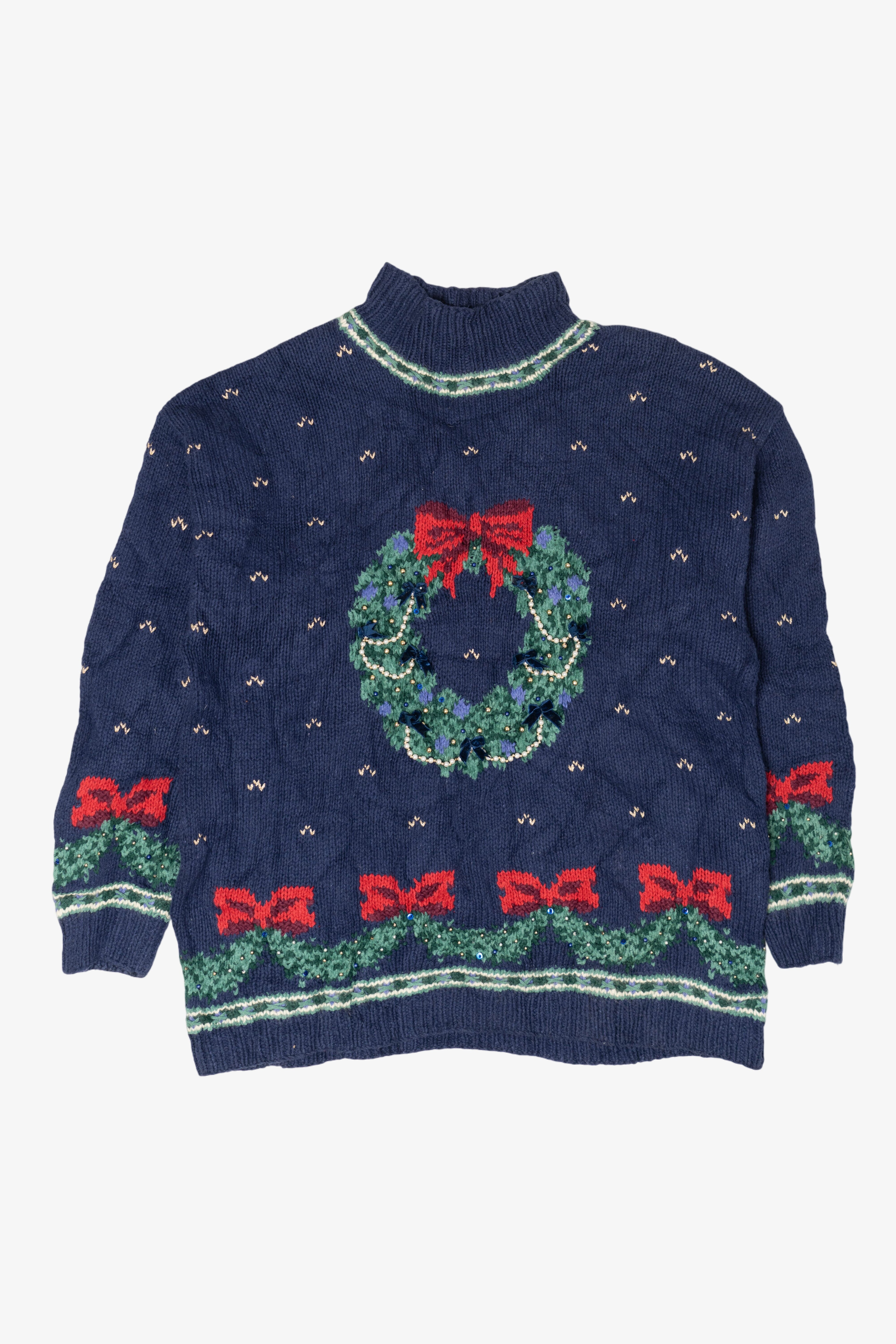 Vintage Hand Knit Wreaths Ugly Christmas Sweater (1990s)
