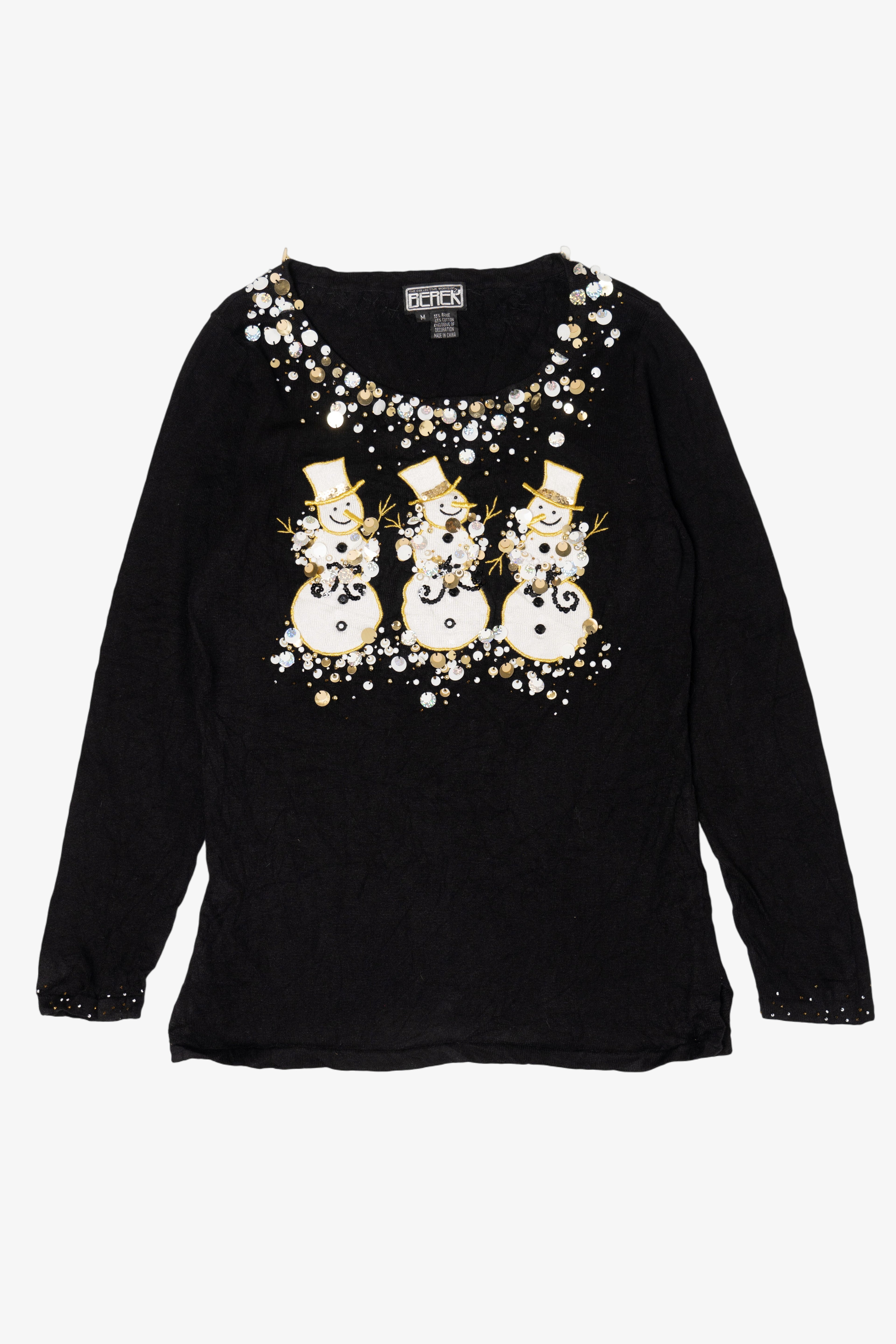 Vintage Y2k Lightweight Black Berek Snowmen Ugly Christmas Pullover (2000s)