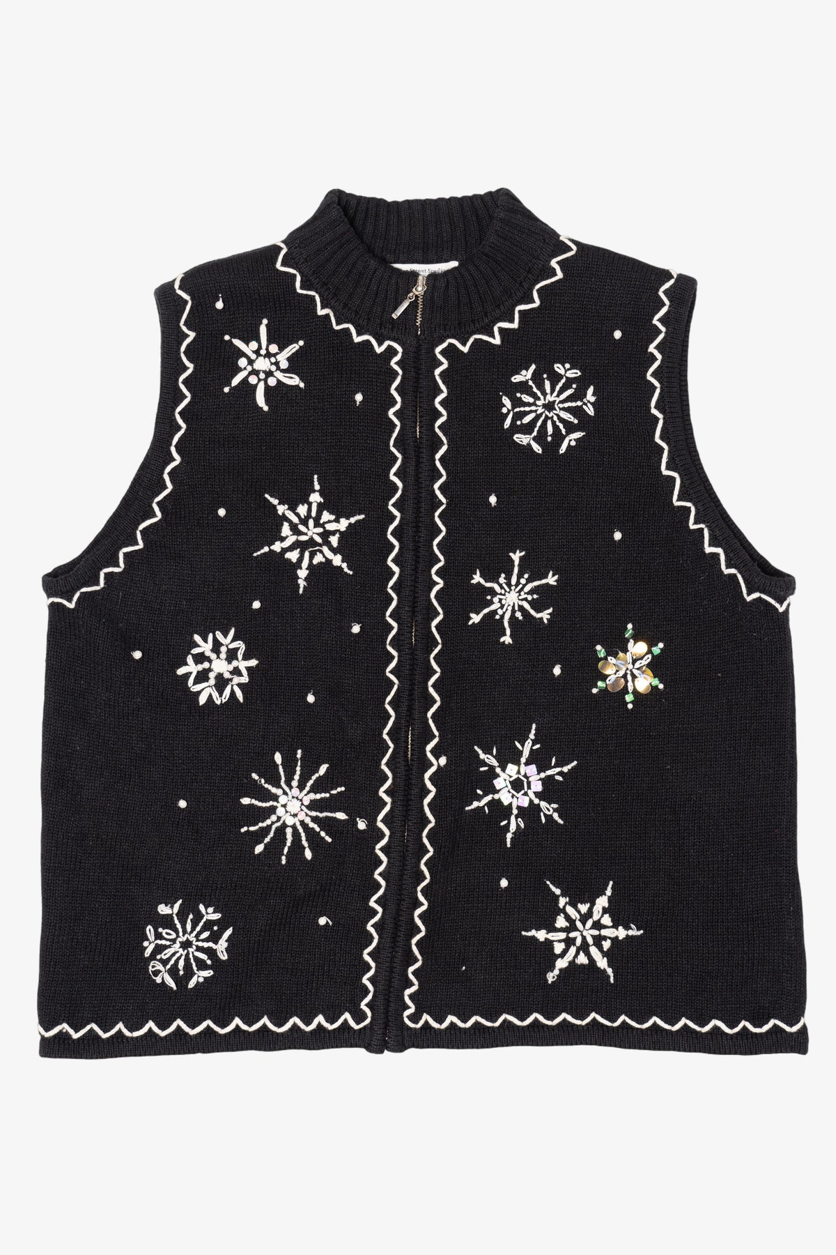 Vintage Black Mercer Street Snowflakes Ugly Christmas Vest (1990s)