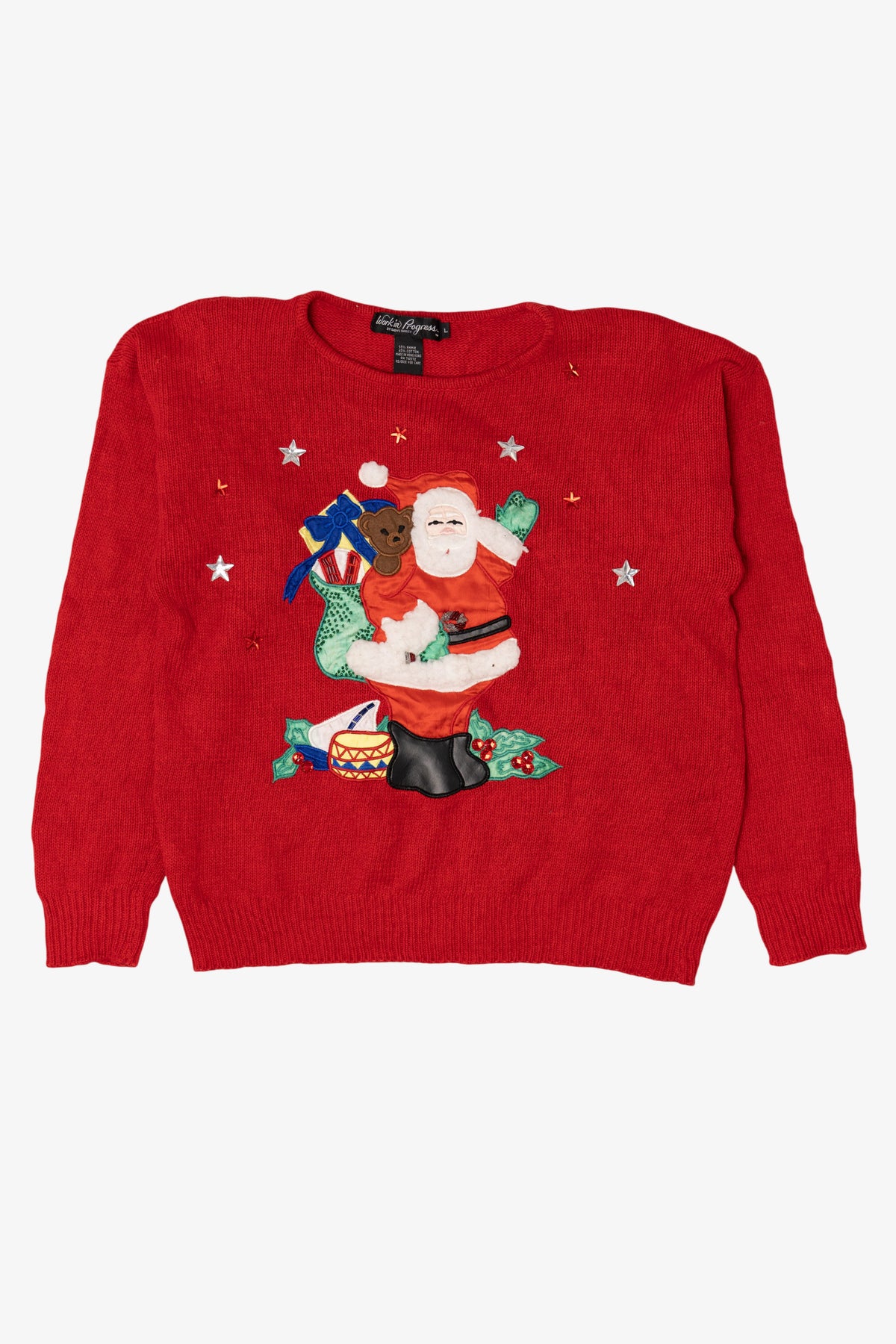 Vintage Red Work in Progress Santa Christmas Pullover (1990s)