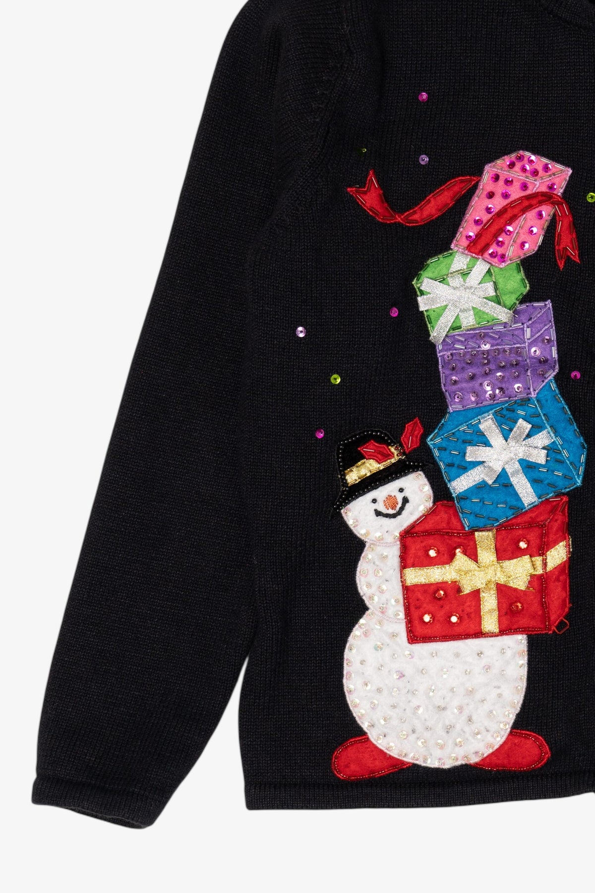 Vintage Black Tiara International Snowman With Presents Ugly Christmas Cardigan (1990s)