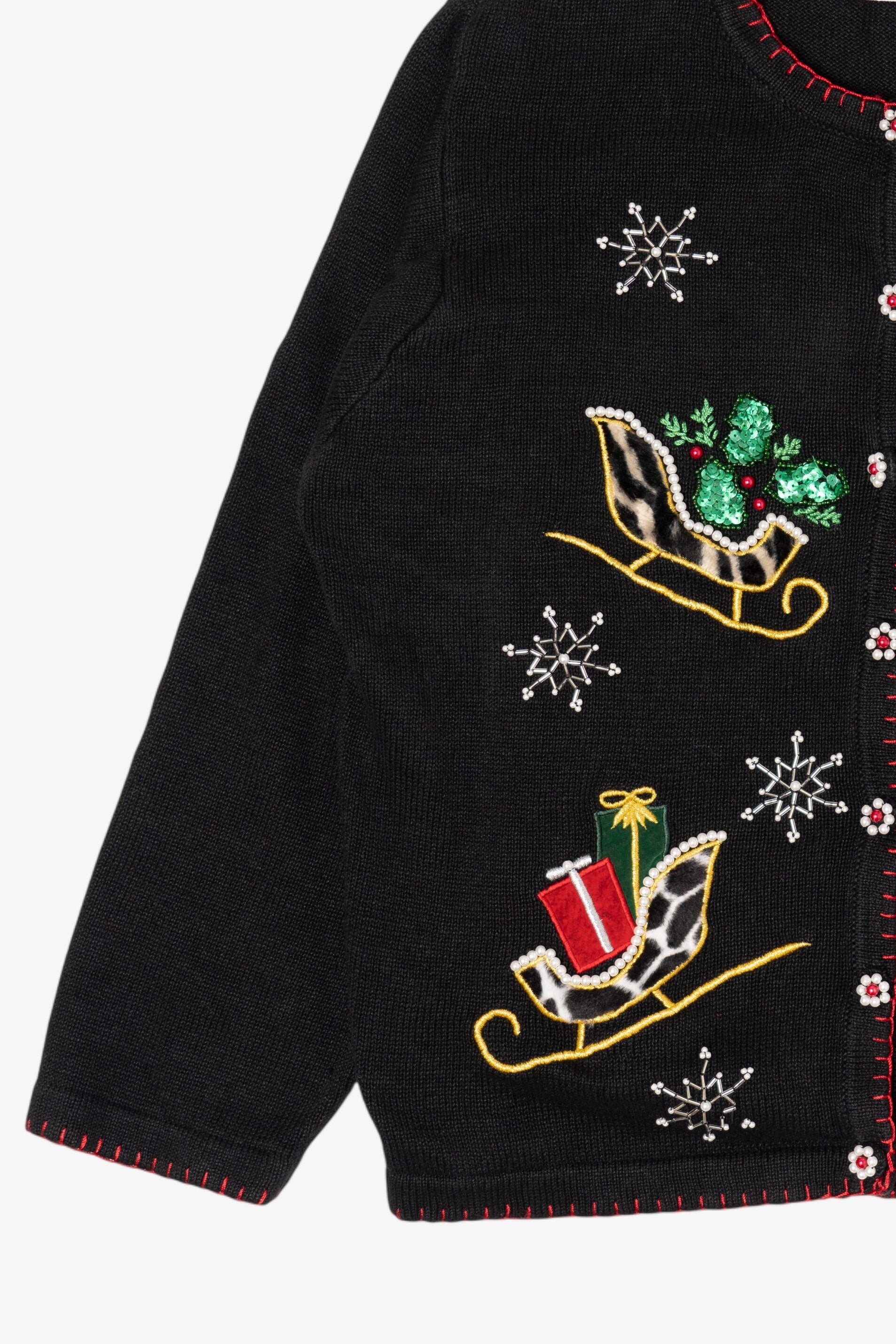 Vintage Black B.P Design Sleds Ugly Christmas Cardigan (1990s)