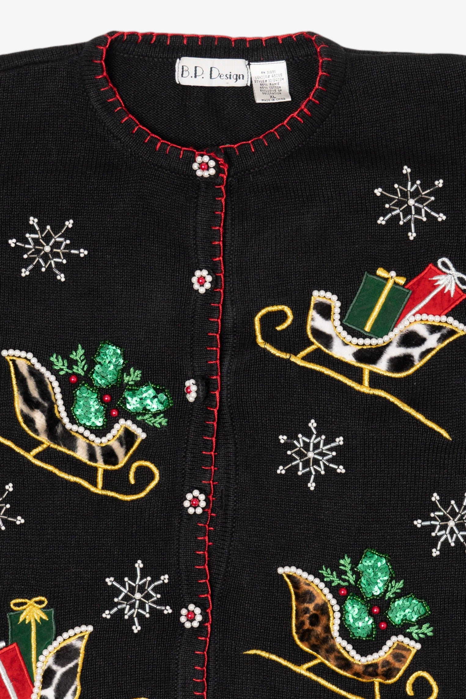 Vintage Black B.P Design Sleds Ugly Christmas Cardigan (1990s)