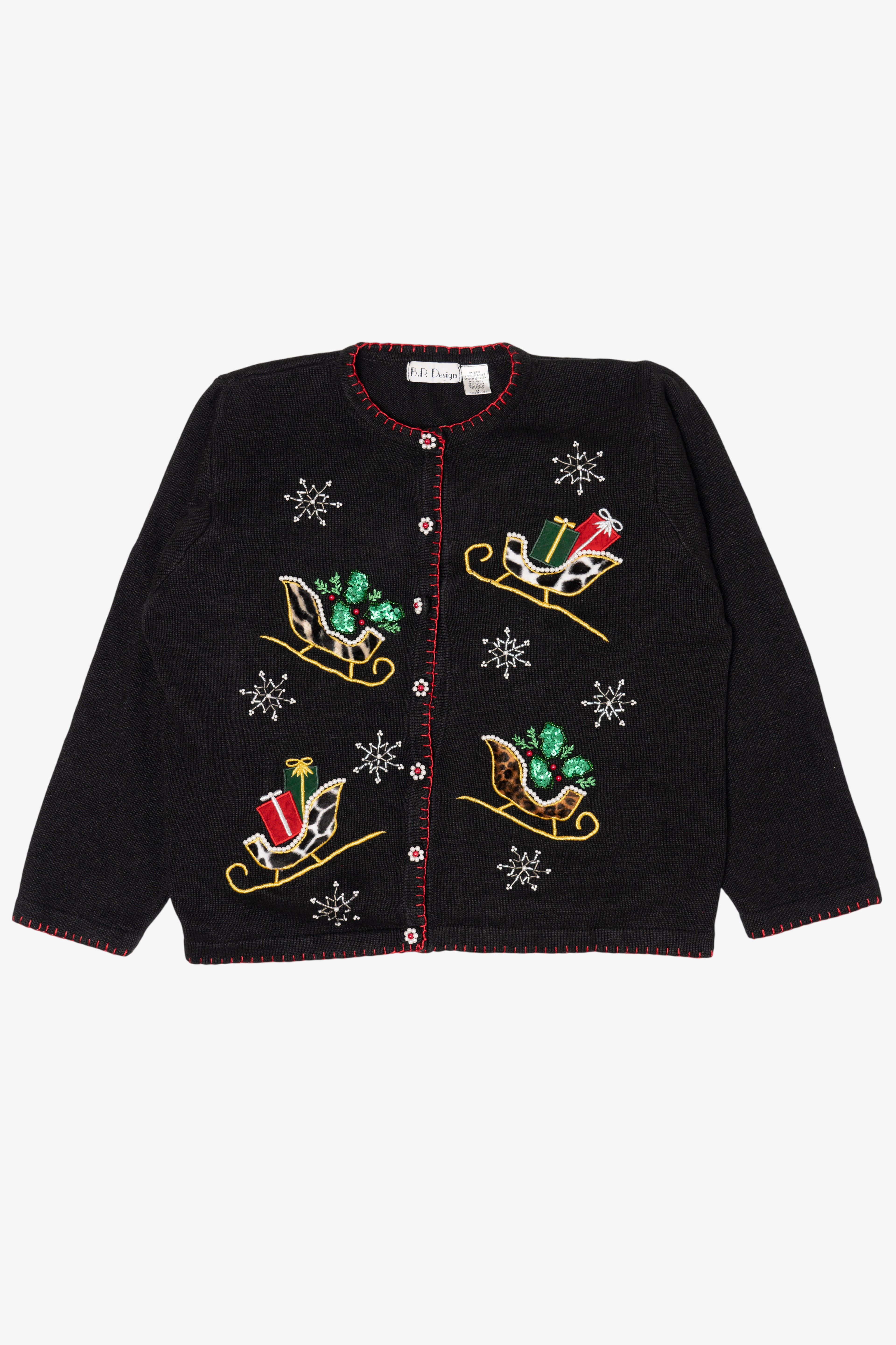 Vintage Black B.P Design Sleds Ugly Christmas Cardigan (1990s)
