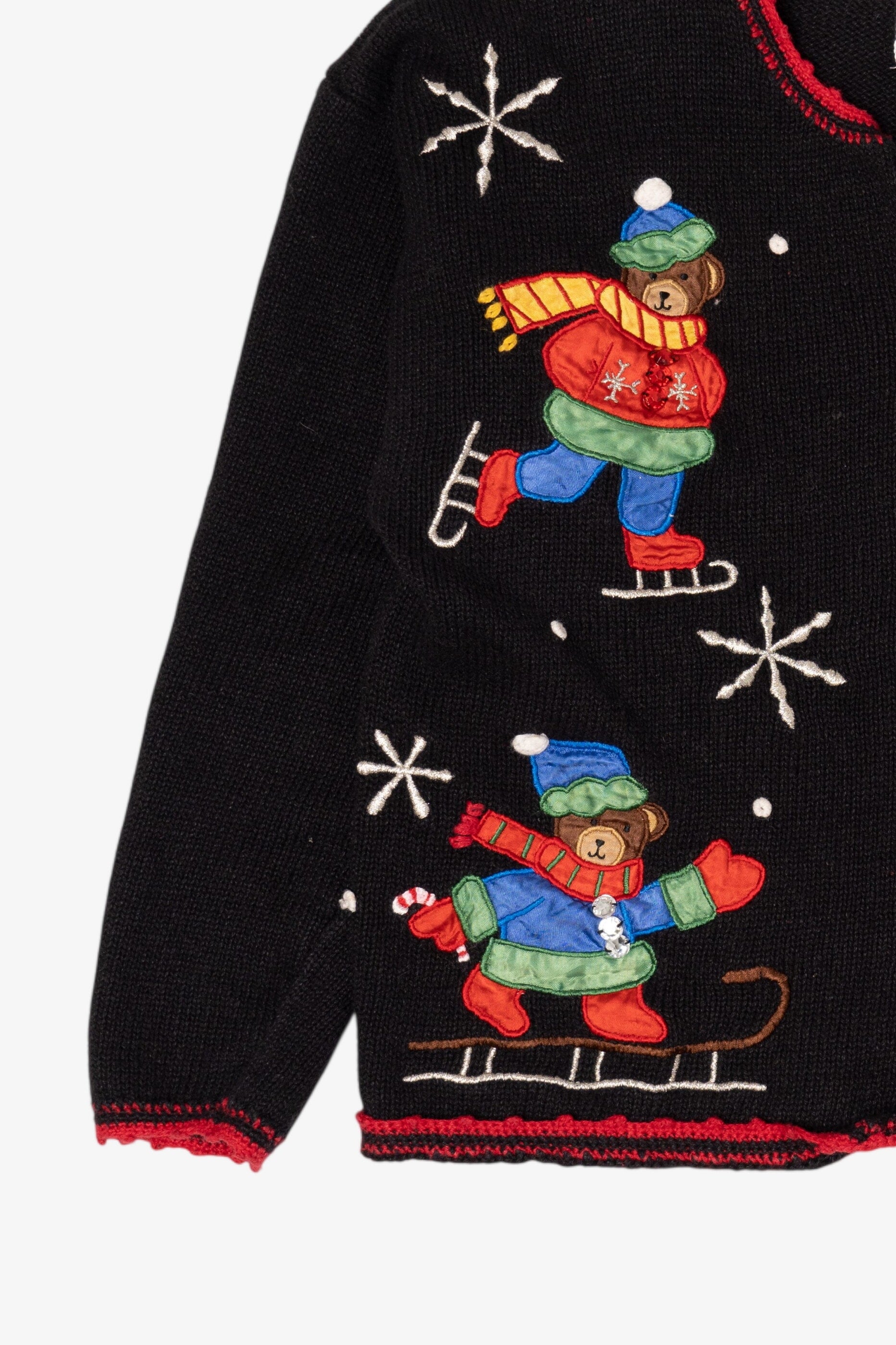 Vintage Black Nutcracker Bears Skating Ugly Christmas Cardigan (1990s)