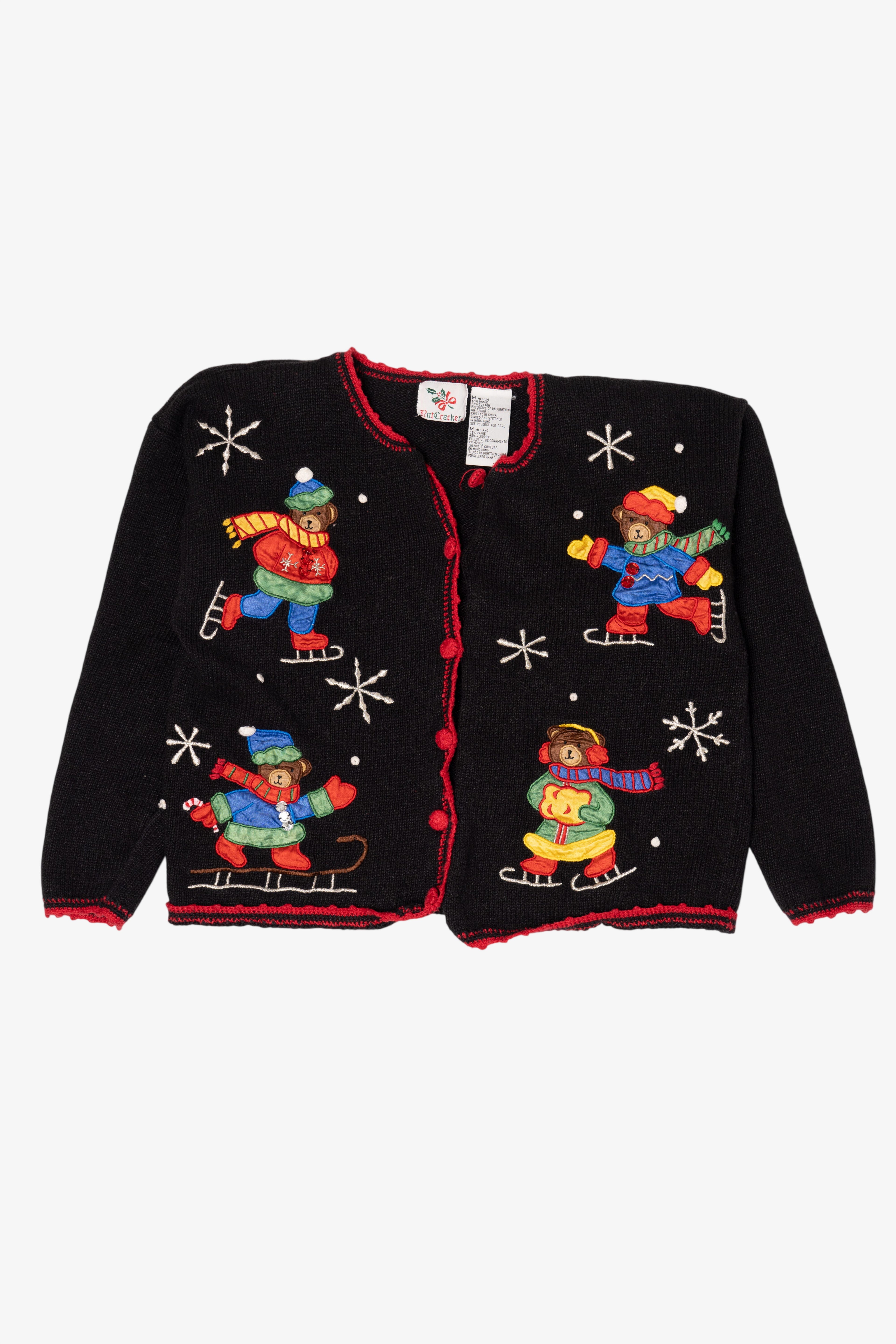 Vintage Black Nutcracker Bears Skating Ugly Christmas Cardigan (1990s)