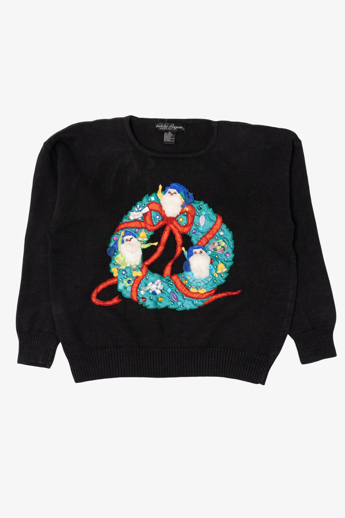 Vintage Black Work in Progress Elves In Wreath Ugly Christmas Pullover (1990s)