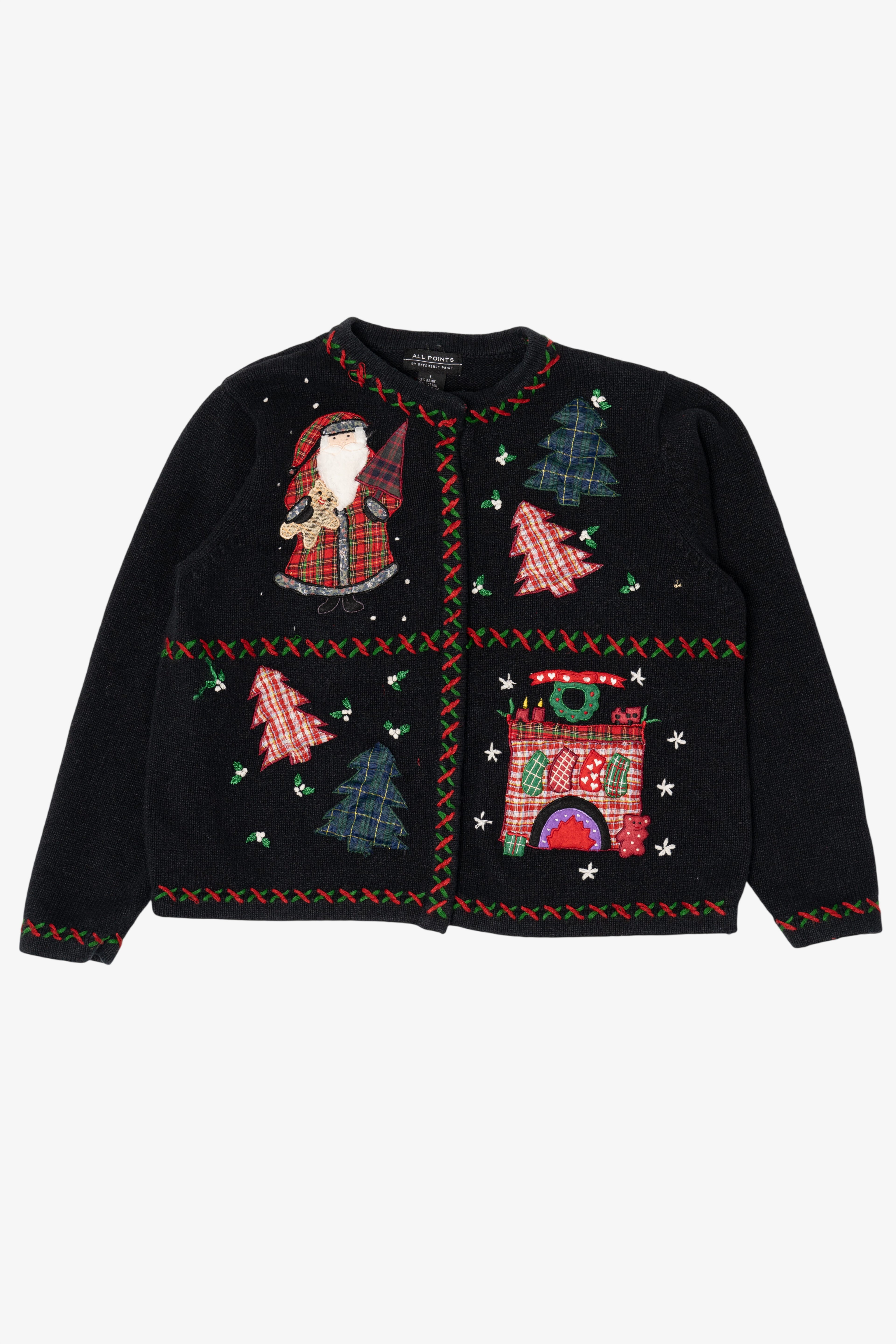 Vintage Black All Points Santa Fireplace Ugly Christmas Cardigan (1990s)