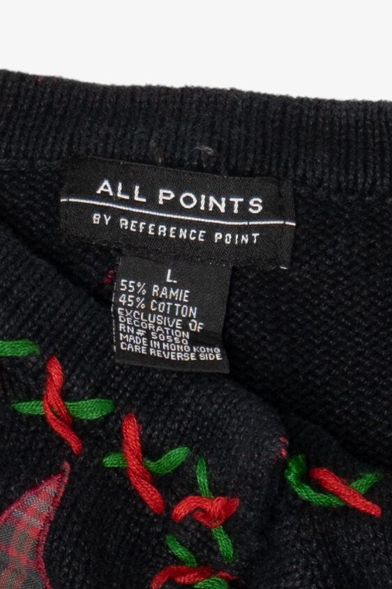 Vintage Black All Points Santa Fireplace Ugly Christmas Cardigan (1990s)