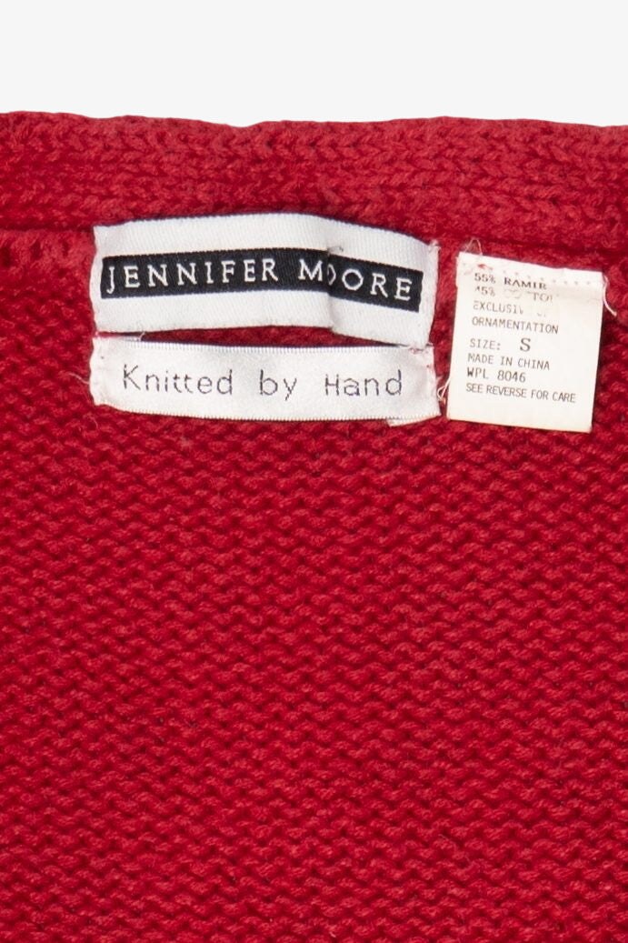 Vintage Hand Knit Red Jennifer Moore Ugly Christmas Cardigan (1990s)