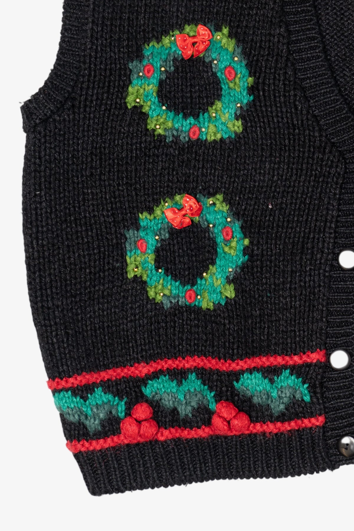 Vintage Hand Knit Black Blair Boutique Wreaths Ugly Christmas Vest (1990s)