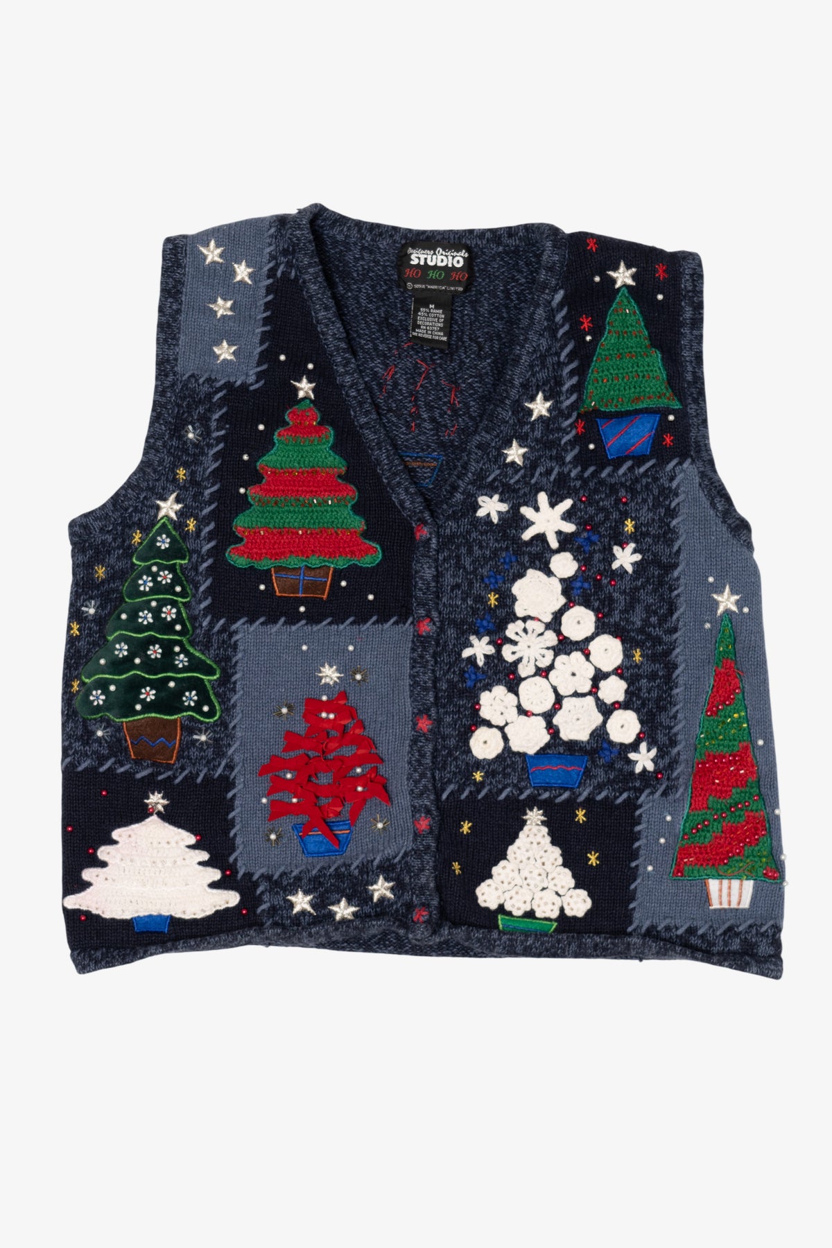 Vintage Navy Blue Designers Originals Studio Trees Ugly Christmas Vest (1990s)