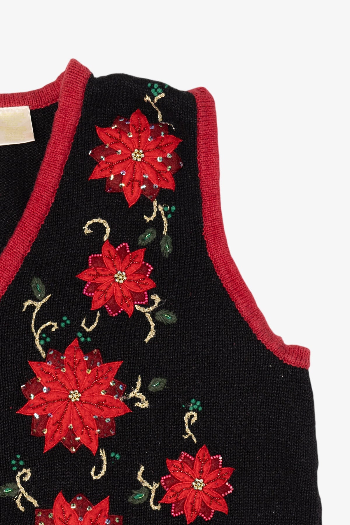 Vintage Black Bobbie Brooks Poinsettias Ugly Christmas Vest (1990s)