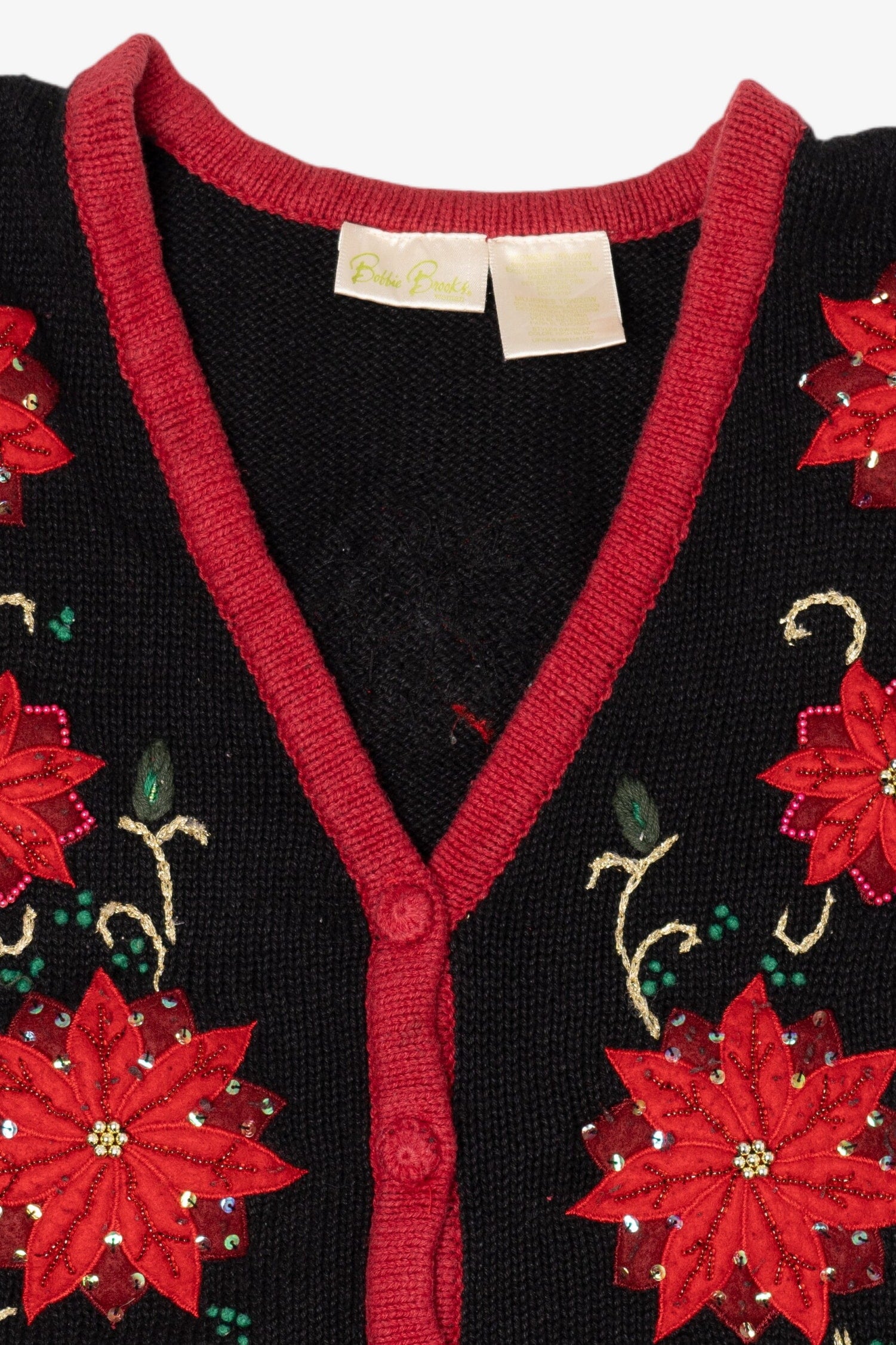 Vintage Black Bobbie Brooks Poinsettias Ugly Christmas Vest (1990s)