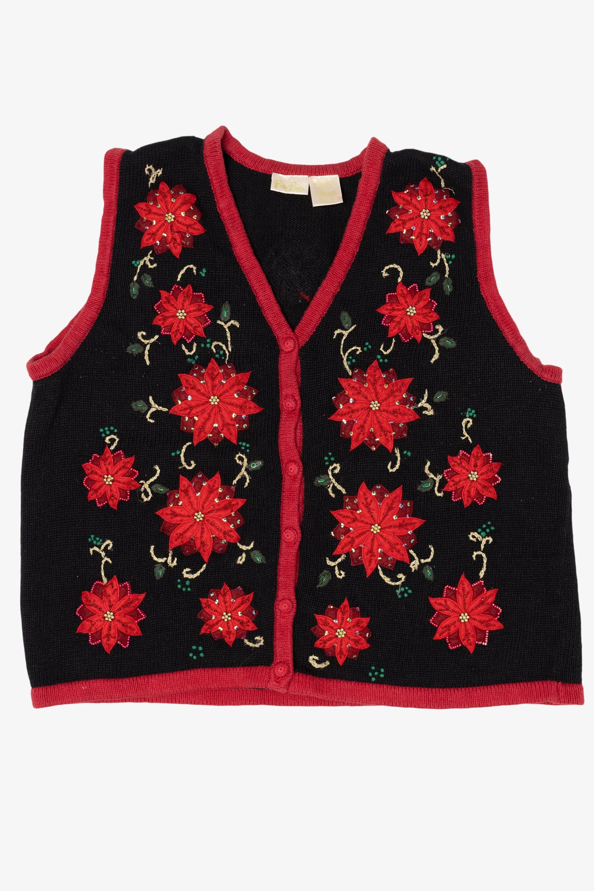 Vintage Black Bobbie Brooks Poinsettias Ugly Christmas Vest (1990s)