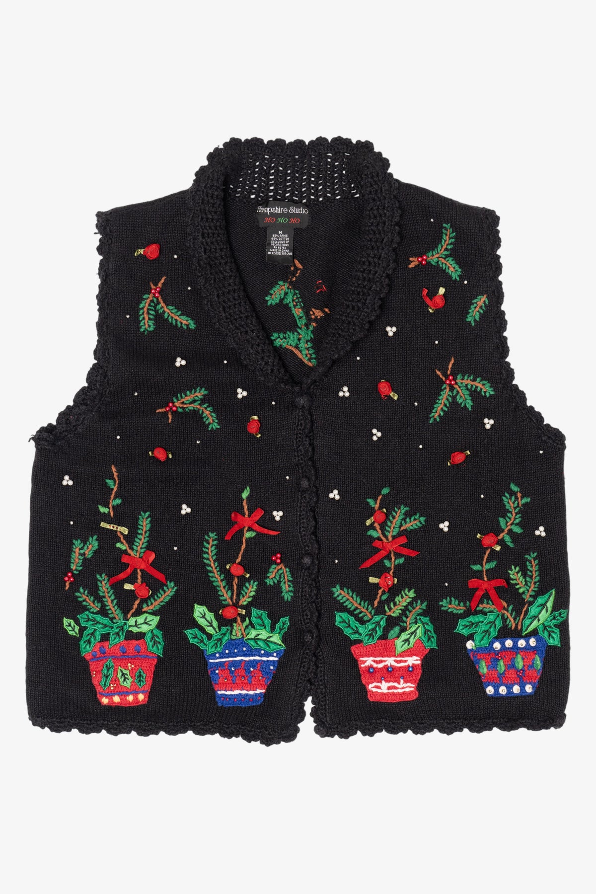 Vintage Black Hampshire Studio Holly Ugly Christmas Vest (1990s)