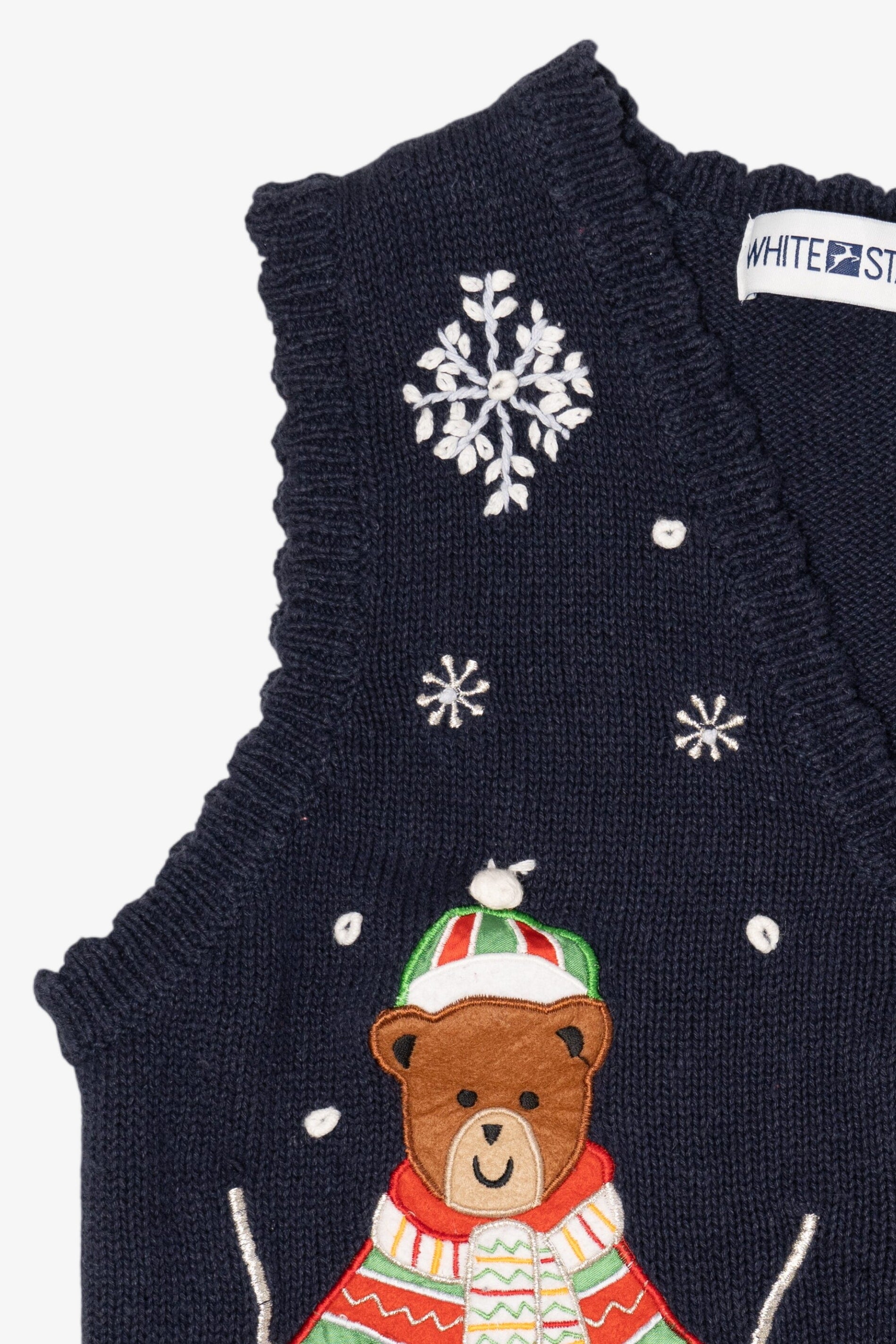 Vintage Navy Blue White Stag Teddy Bears Skiing Ugly Christmas Vest (1990s)