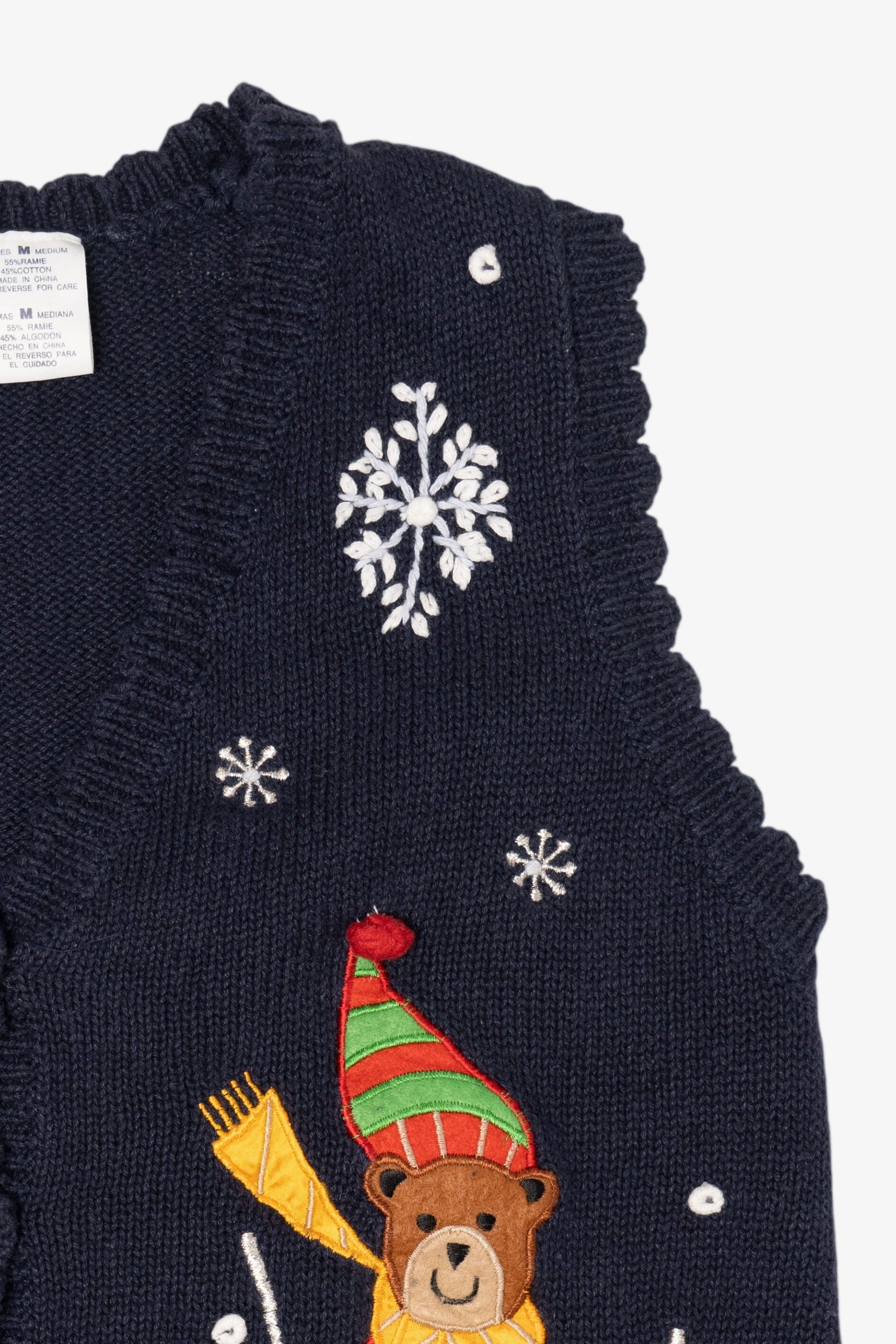 Vintage Navy Blue White Stag Teddy Bears Skiing Ugly Christmas Vest (1990s)