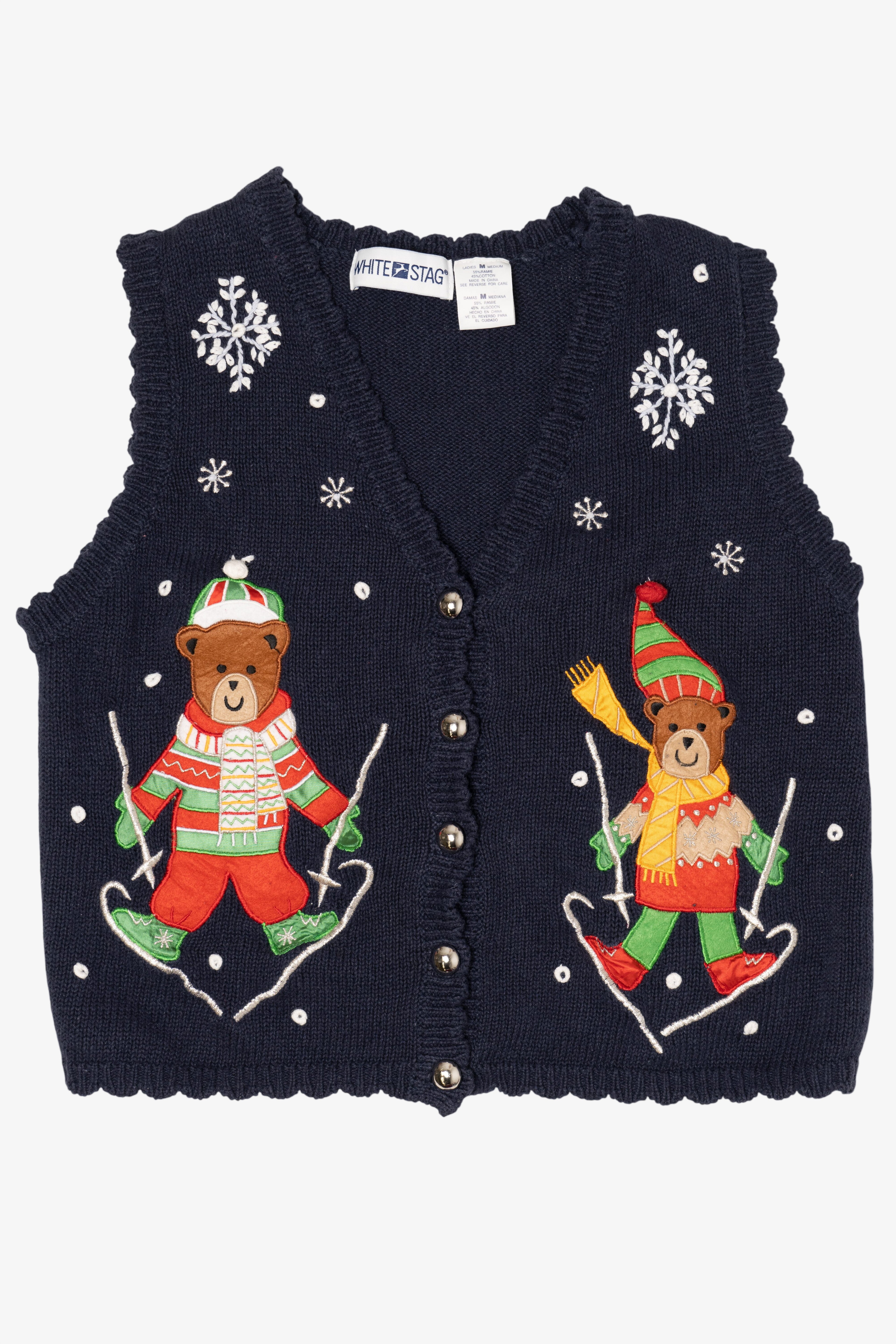 Vintage Navy Blue White Stag Teddy Bears Skiing Ugly Christmas Vest (1990s)