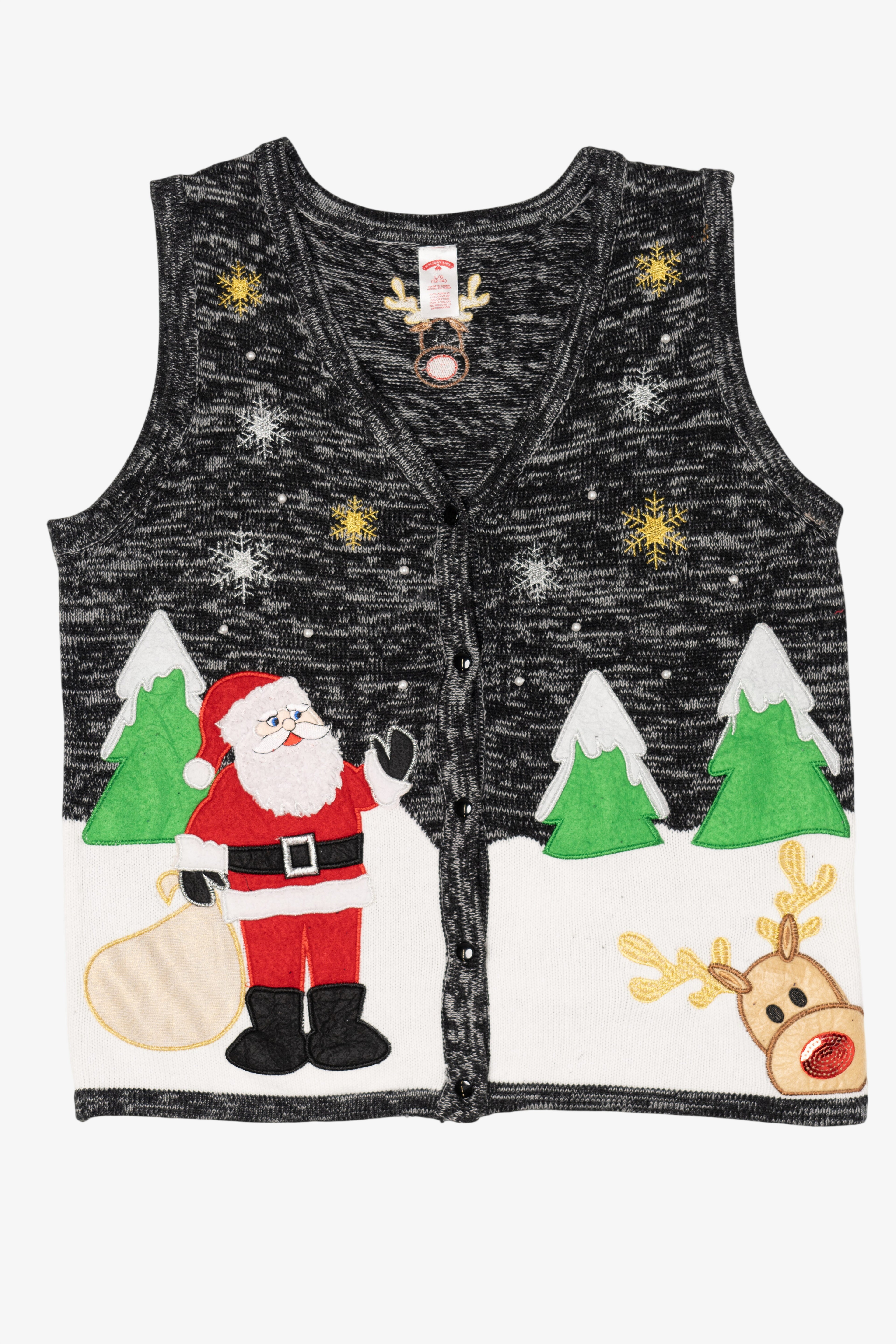 Vintage Dark Gray Holiday Time Reindeer Ugly Christmas Vest (1990s)