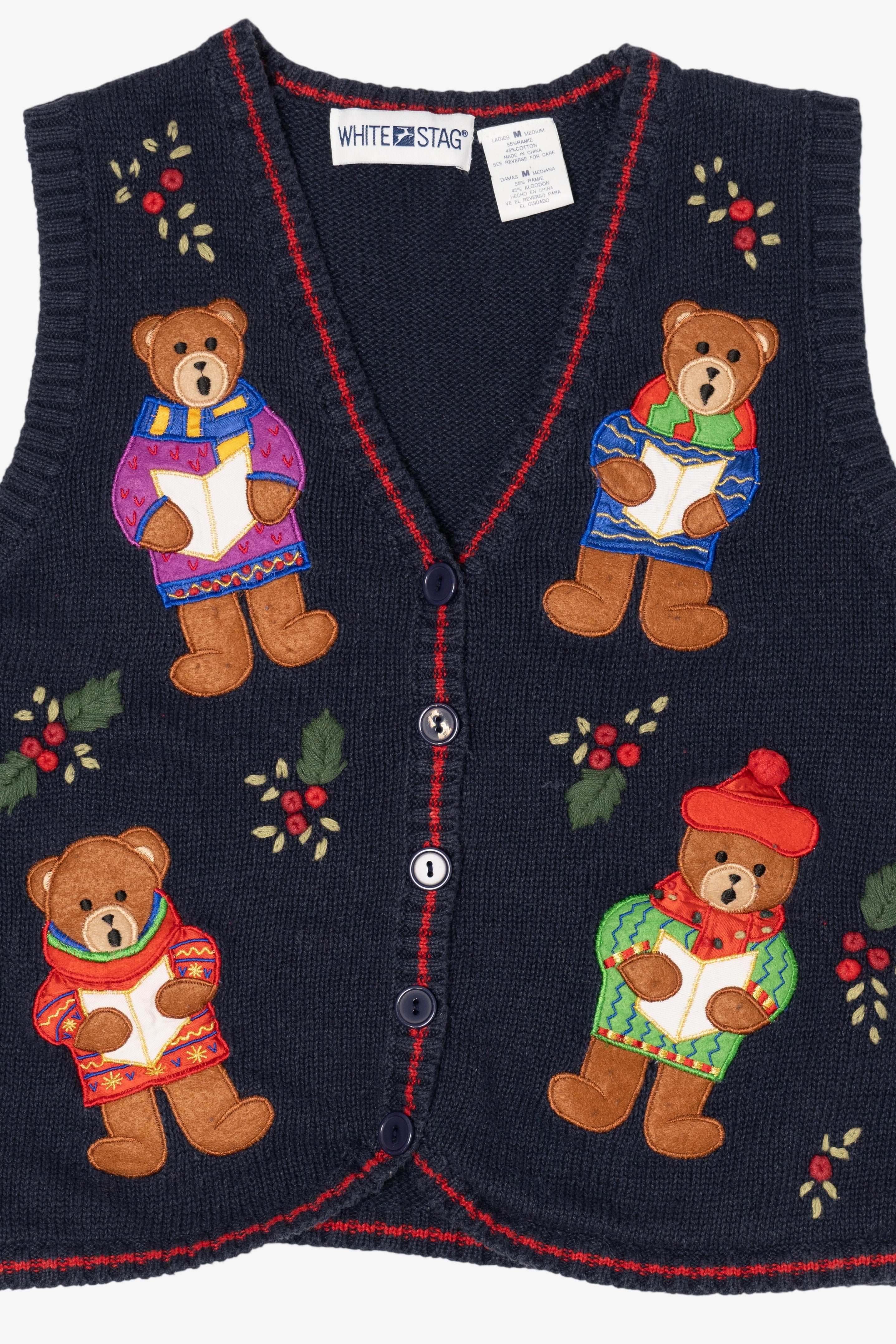 Vintage Navy Blue White Stag Choir Bears Ugly Christmas Vest (1990s)