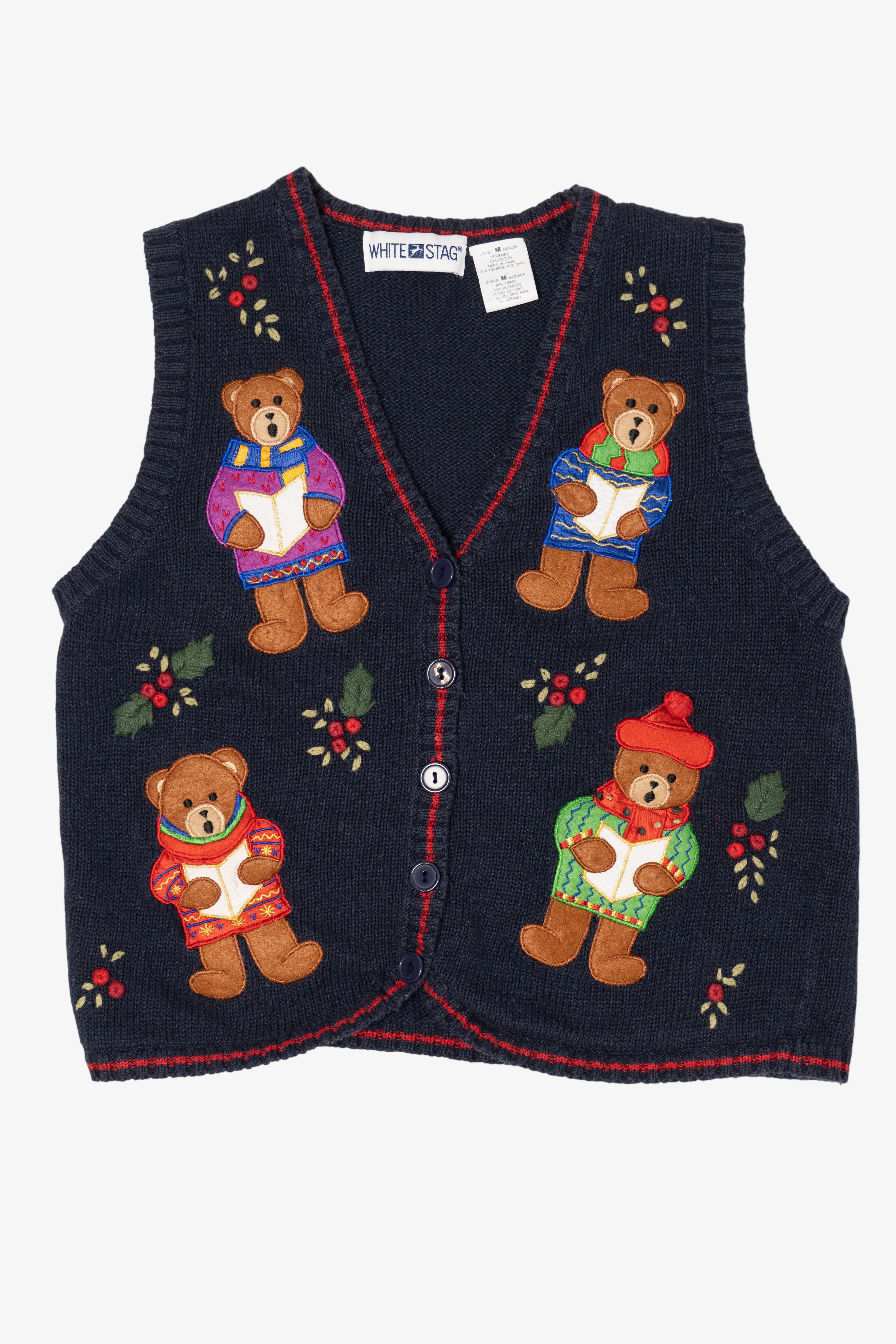 Vintage Navy Blue White Stag Choir Bears Ugly Christmas Vest (1990s)