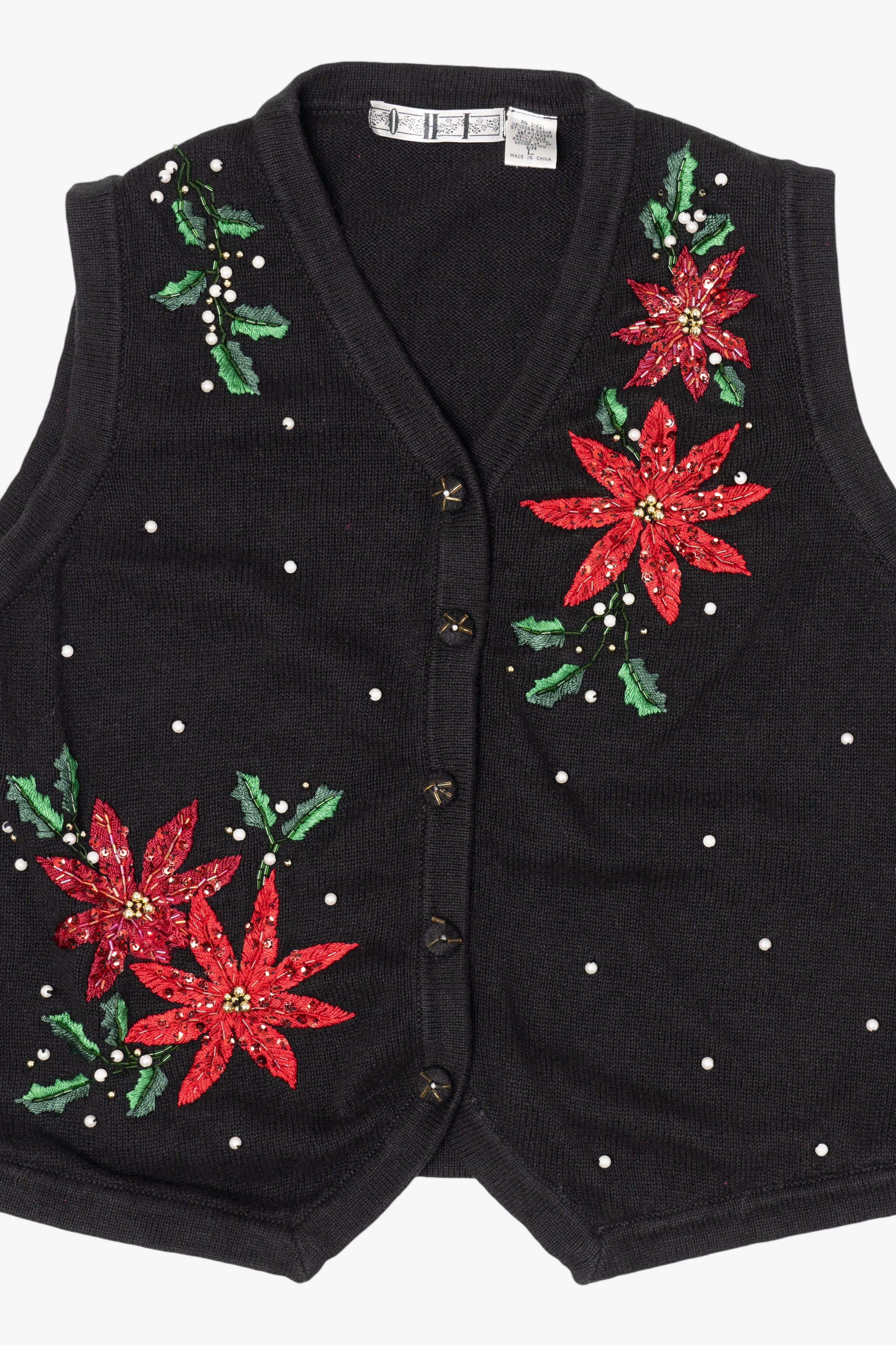 Vintage Black Ohi Poinsettias Ugly Christmas Vest (1990s)
