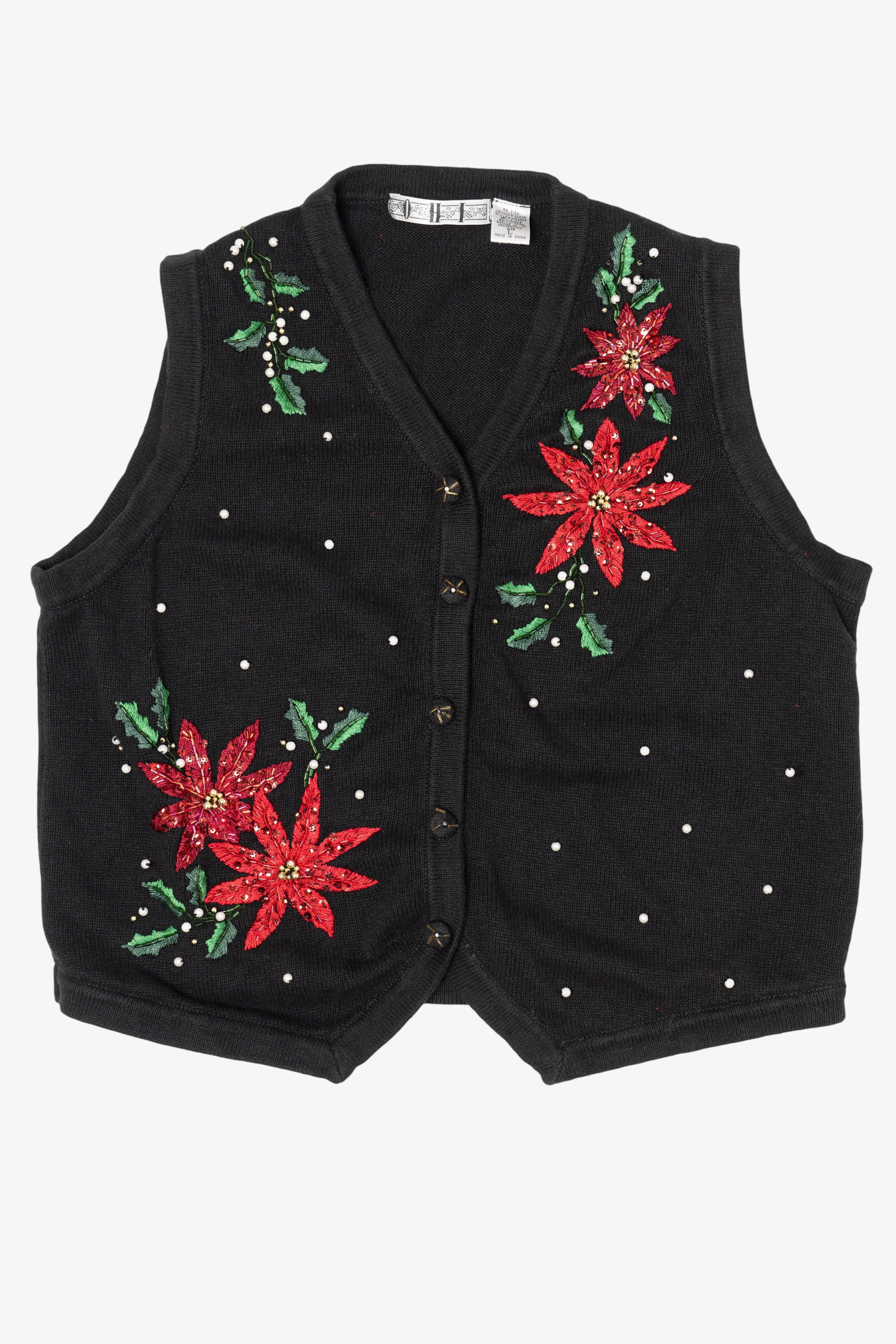 Vintage Black Ohi Poinsettias Ugly Christmas Vest (1990s)