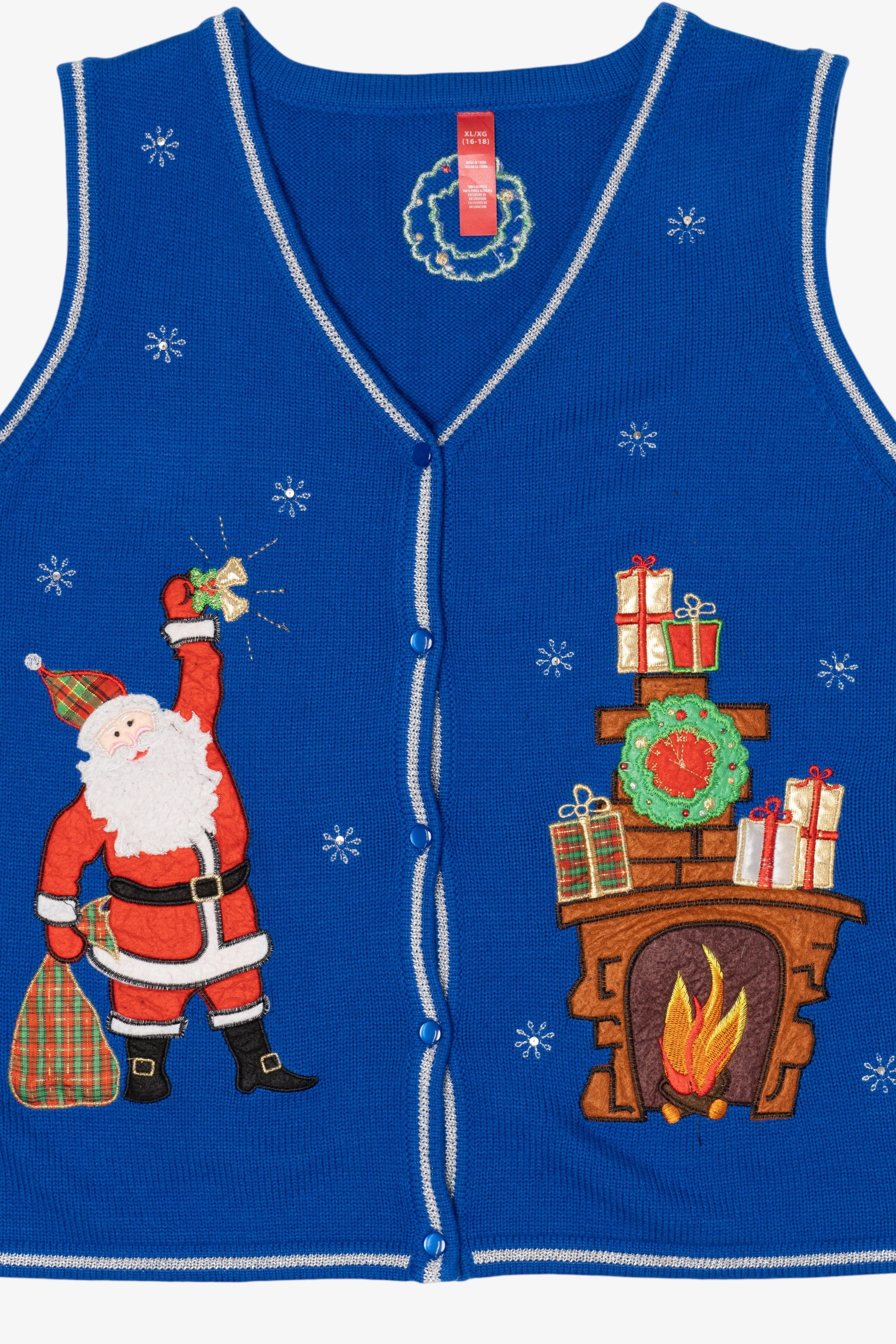 Vintage Blue Santa Fireplace Ugly Christmas Vest (1990s)