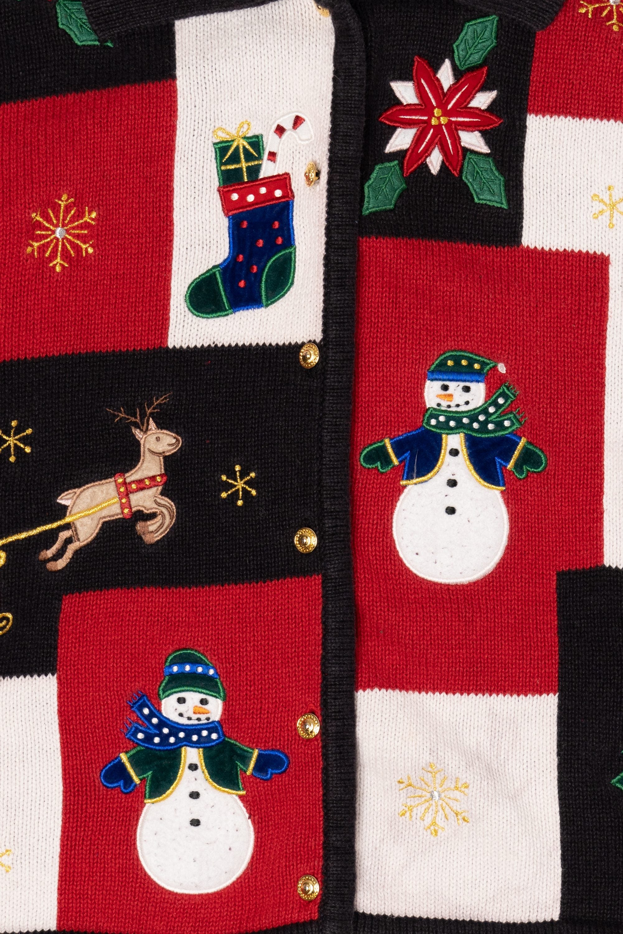 Vintage Black Crystal Kobe Snowmen Christmas Cardigan (1990s)