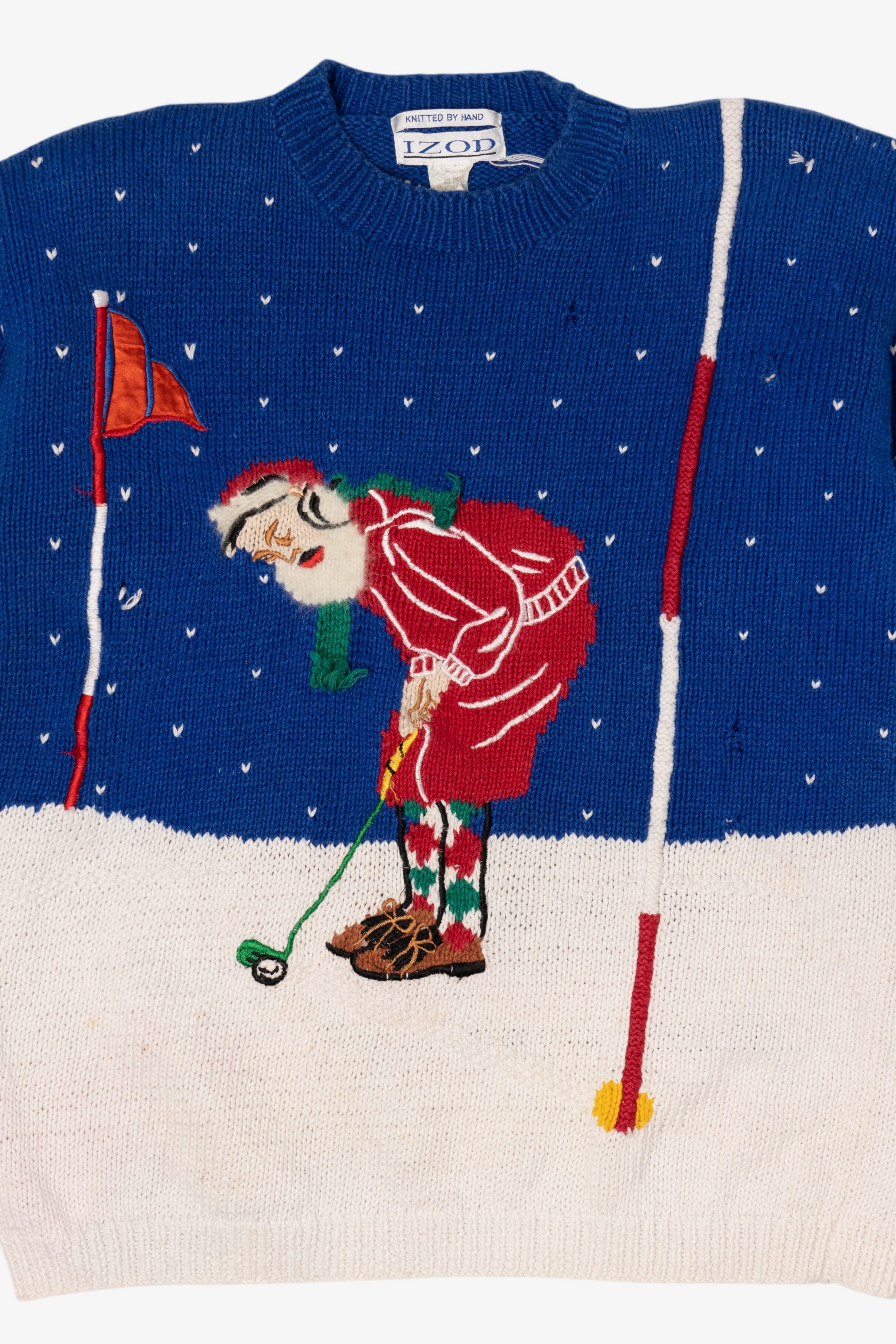Vintage Distressed Hand Knit Santa Golfing Christmas Pullover (1990s)