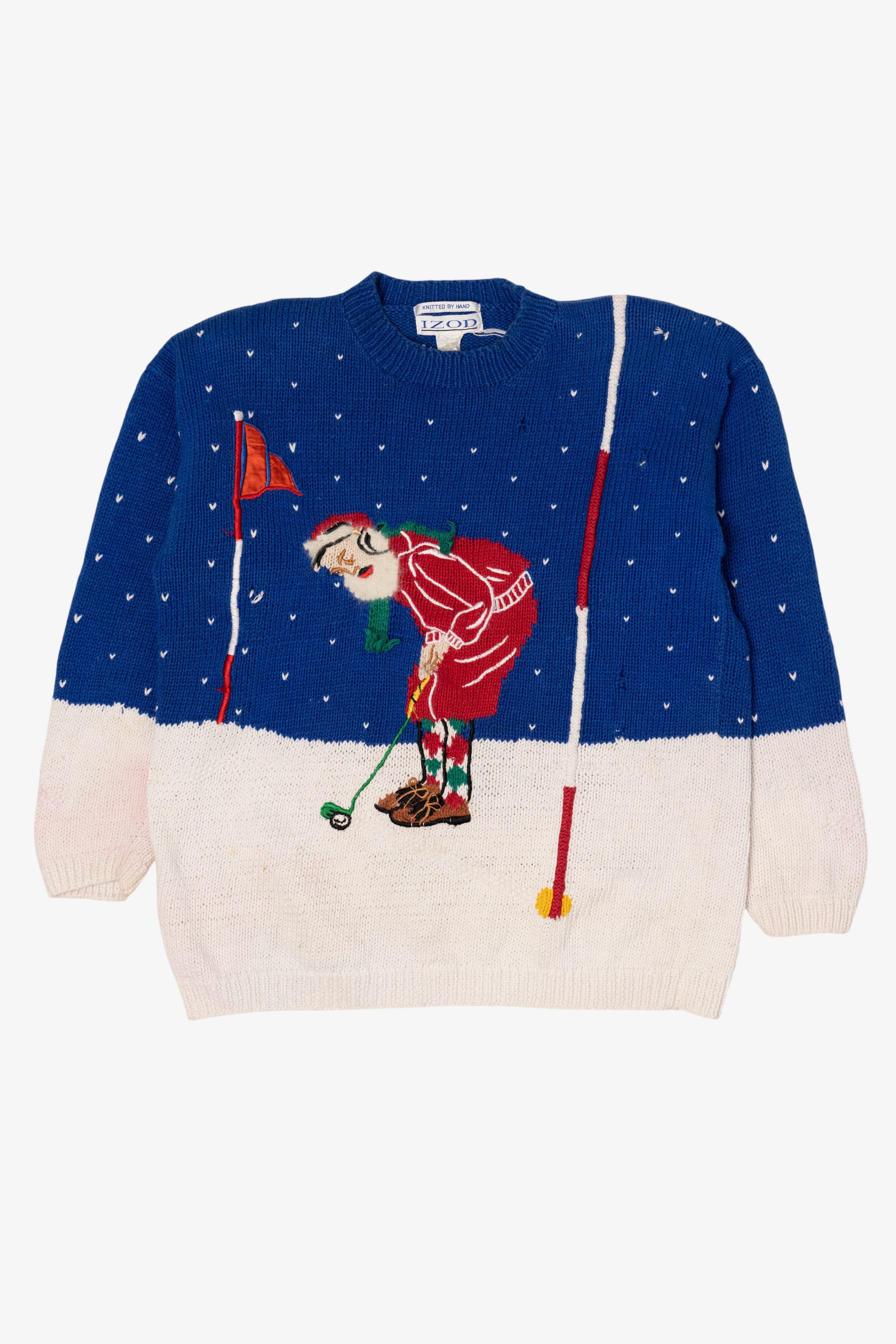 Vintage Distressed Hand Knit Santa Golfing Christmas Pullover (1990s)