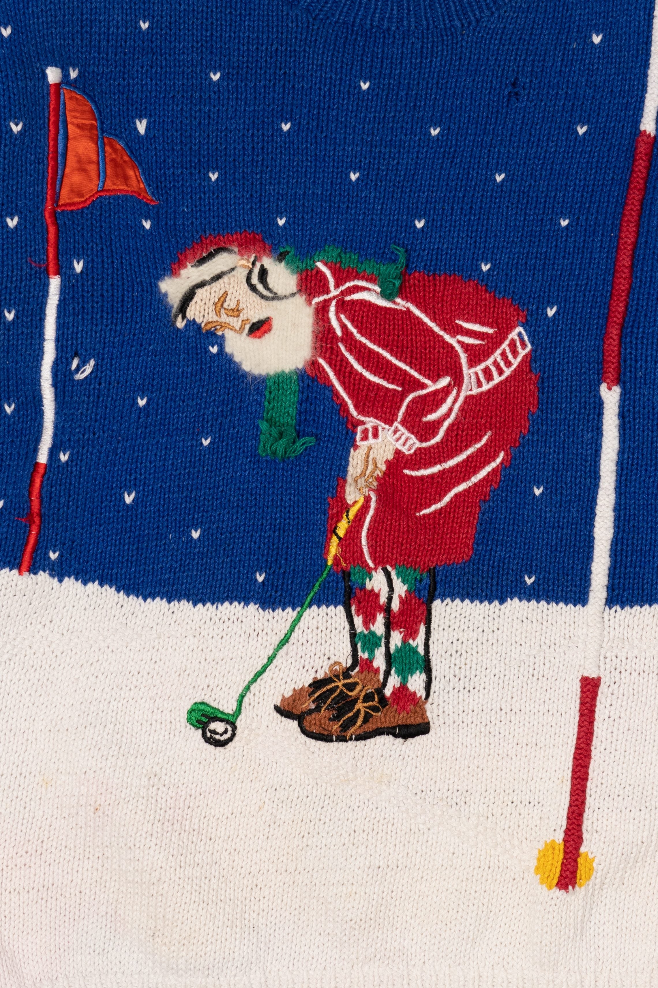 Vintage Distressed Hand Knit Santa Golfing Christmas Pullover (1990s)