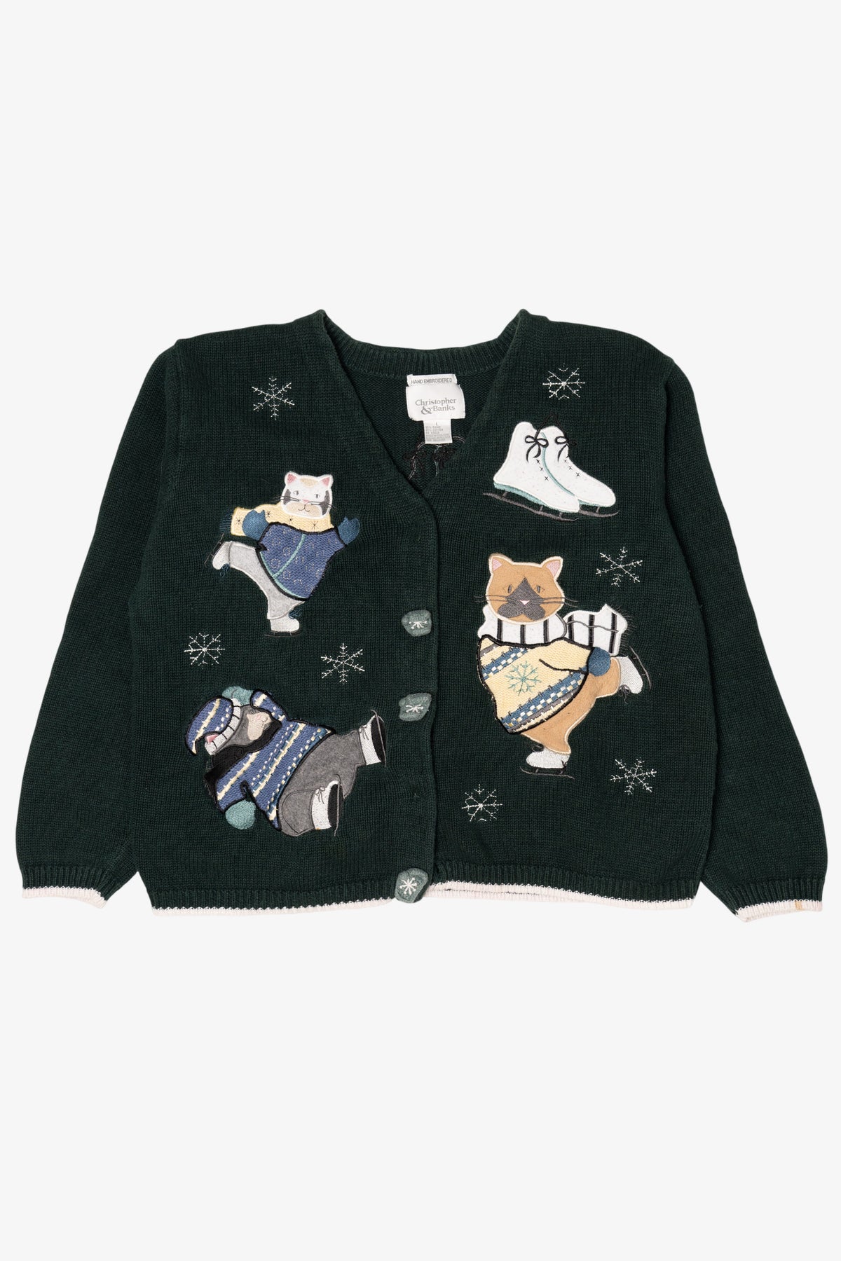 Vintage Green Christopher & Banks Cats Ugly Christmas Cardigan (1990s)