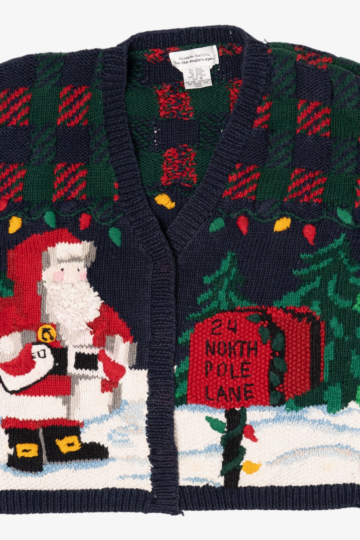 Vintage Hand Knit Navy Blue Alexandra Barlett Santa Ugly Christmas Sweater (1990s)