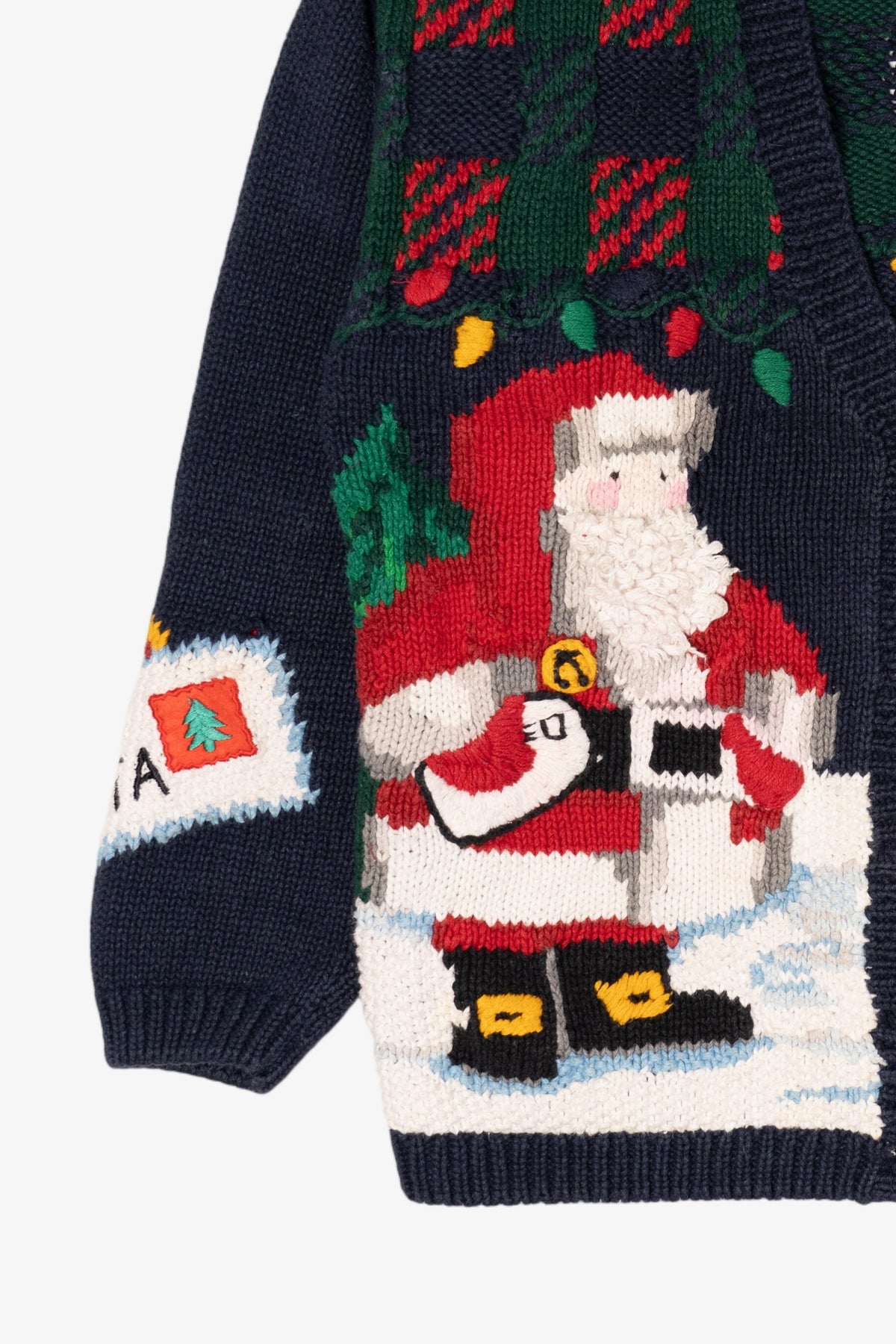 Vintage Hand Knit Navy Blue Alexandra Barlett Santa Ugly Christmas Sweater (1990s)