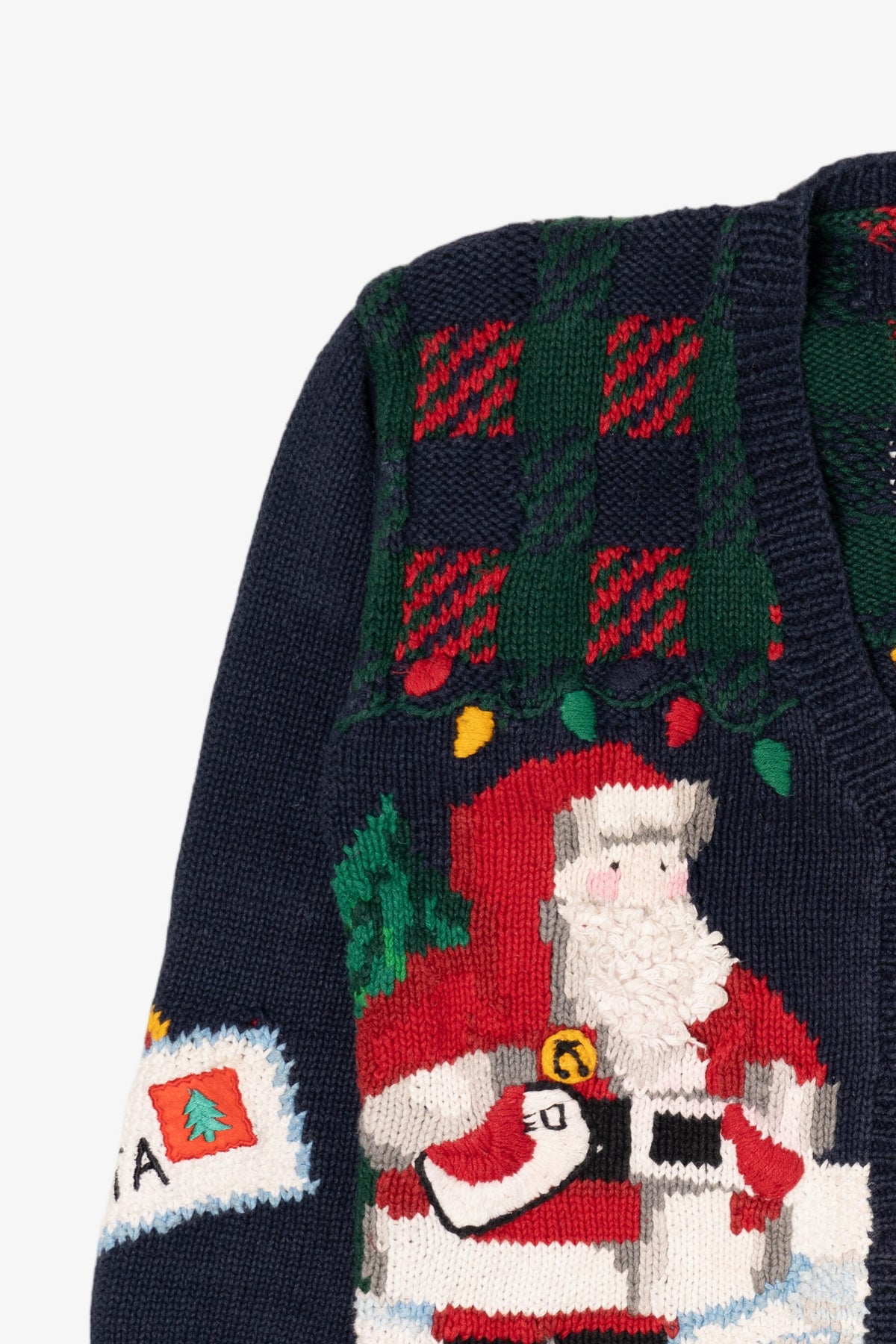 Vintage Hand Knit Navy Blue Alexandra Barlett Santa Ugly Christmas Sweater (1990s)