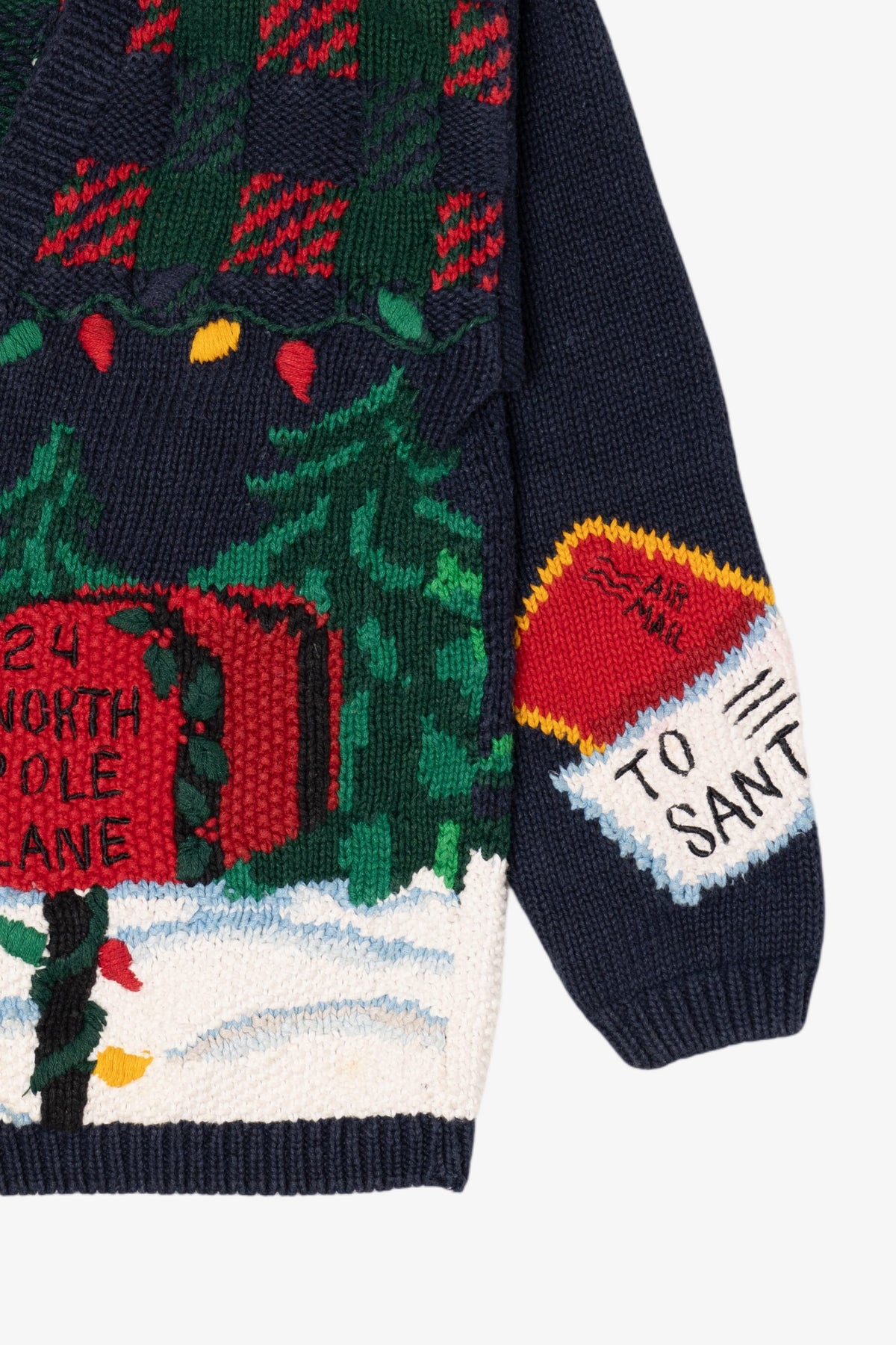 Vintage Hand Knit Navy Blue Alexandra Barlett Santa Ugly Christmas Sweater (1990s)
