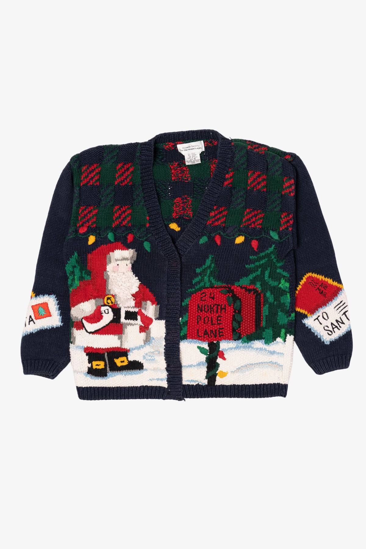 Vintage Hand Knit Navy Blue Alexandra Barlett Santa Ugly Christmas Sweater (1990s)