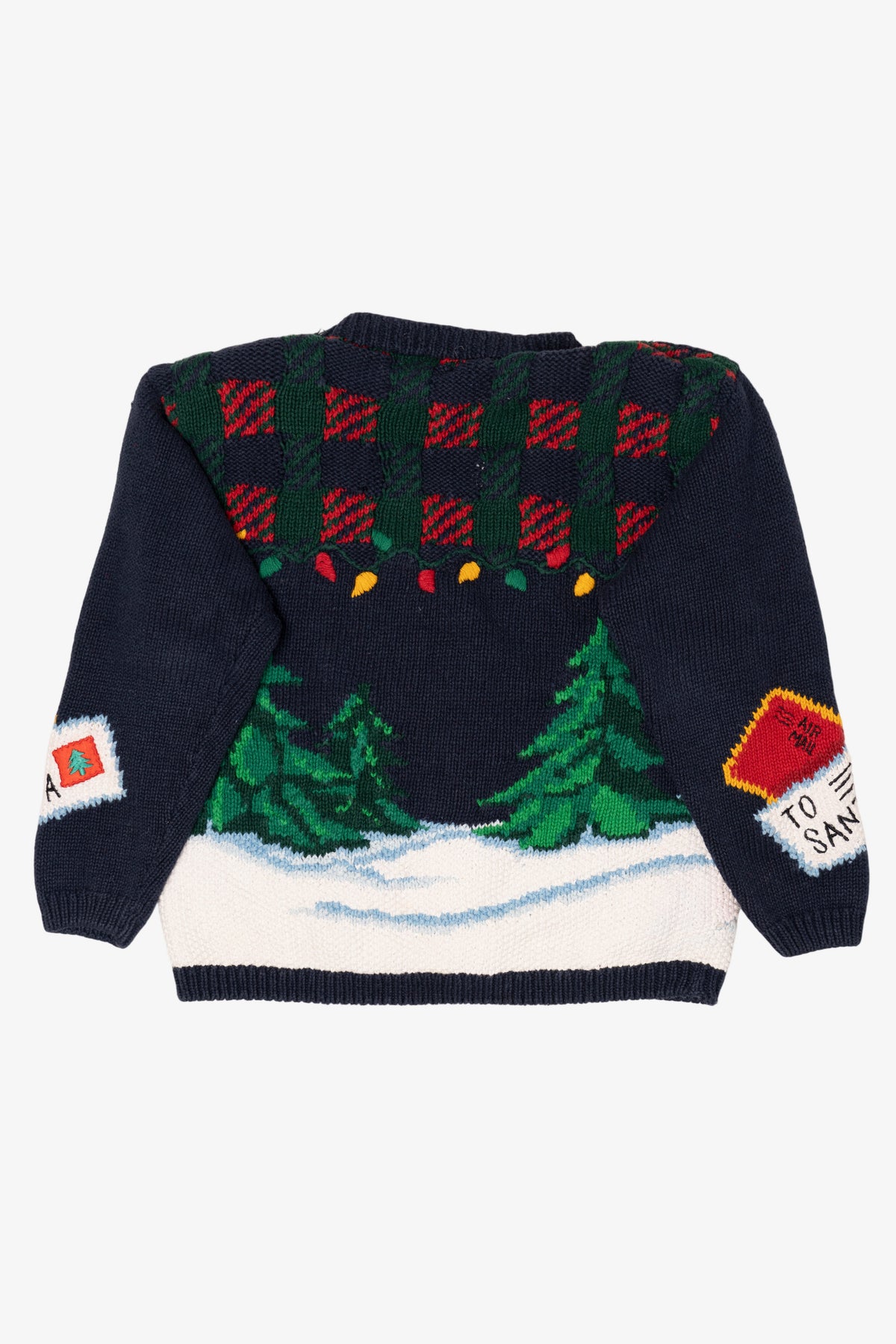 Vintage Hand Knit Navy Blue Alexandra Barlett Santa Ugly Christmas Sweater (1990s)