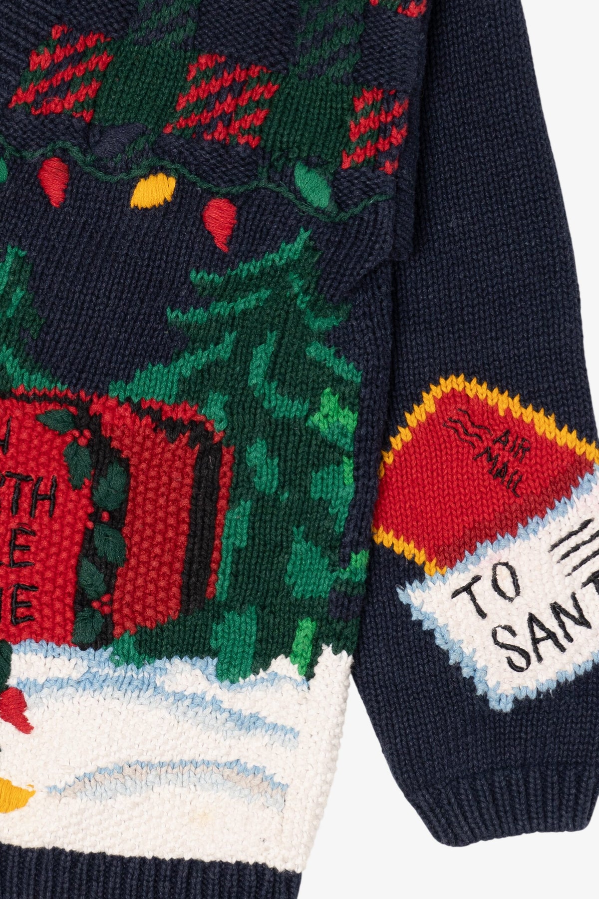 Vintage Hand Knit Navy Blue Alexandra Barlett Santa Ugly Christmas Sweater (1990s)