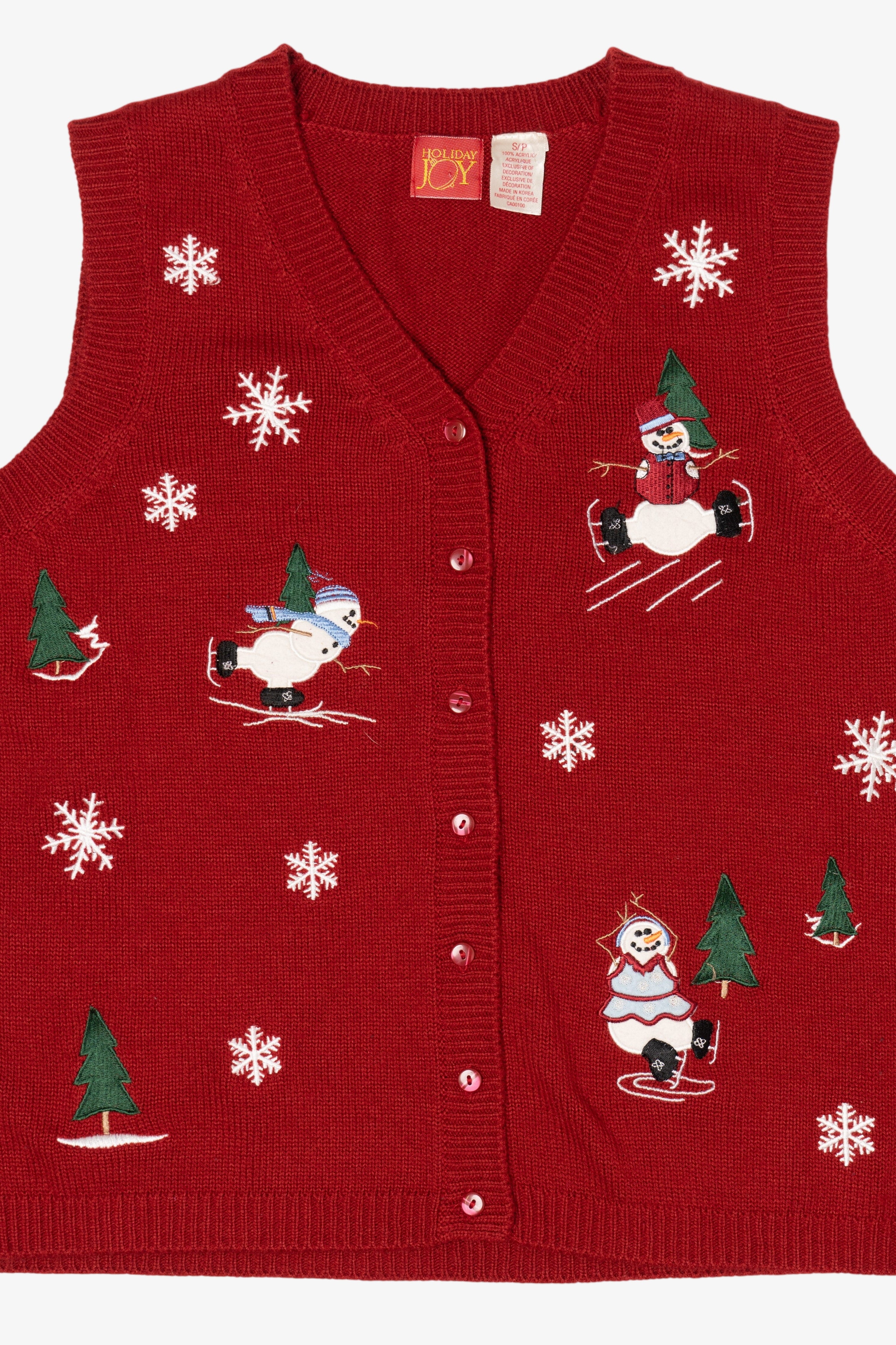 Vintage Red Holiday Joy Snowmen Ugly Christmas Vest (1990s)
