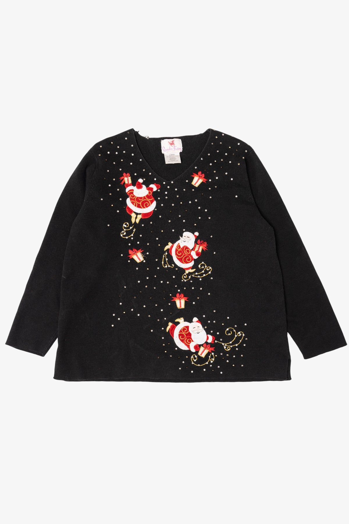 Vintage Black Quacker Factory Santa Ugly Christmas Pullover (1990s)