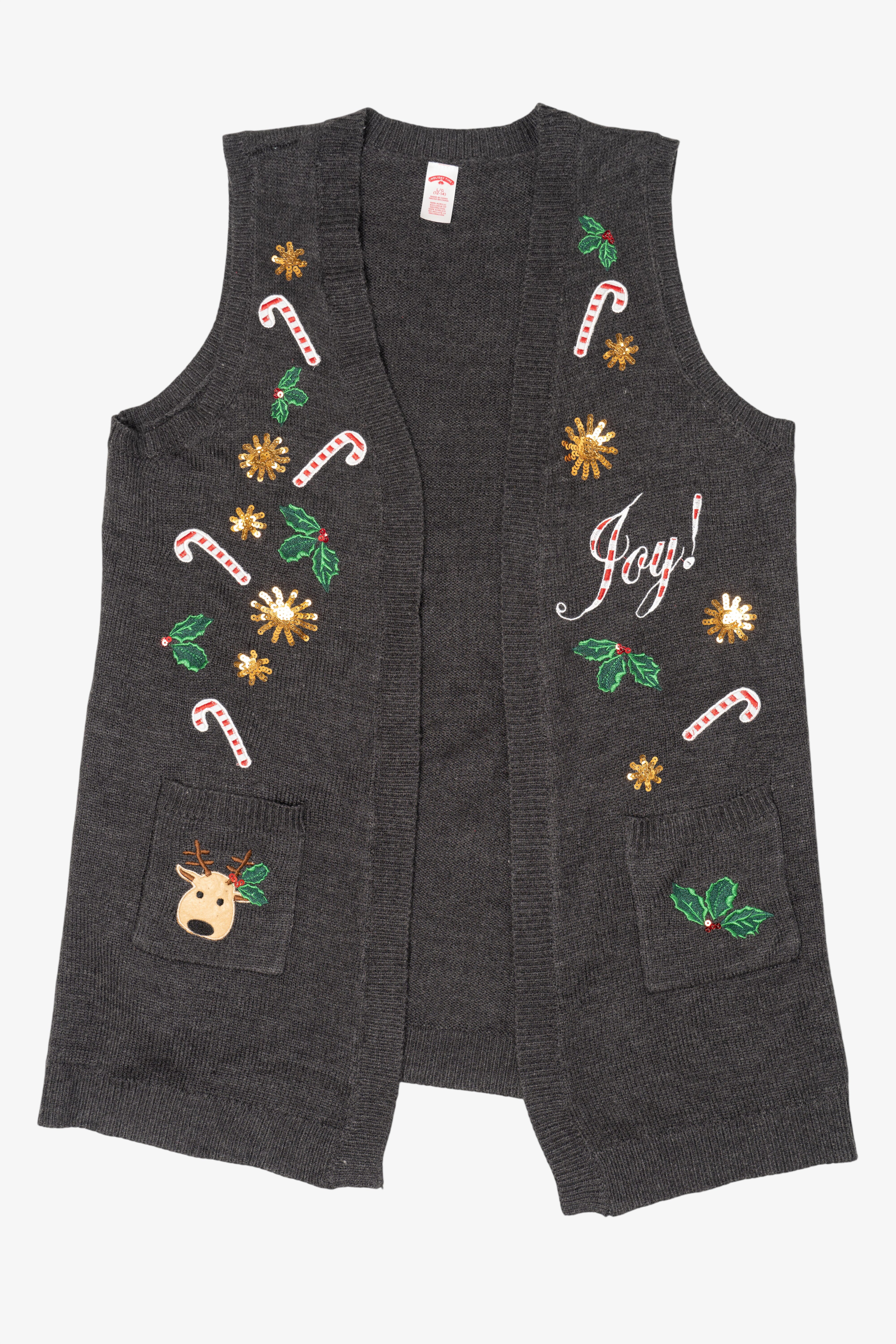 Vintage Dark Gray Holiday Time Candy Canes Christmas Vest (2000s)