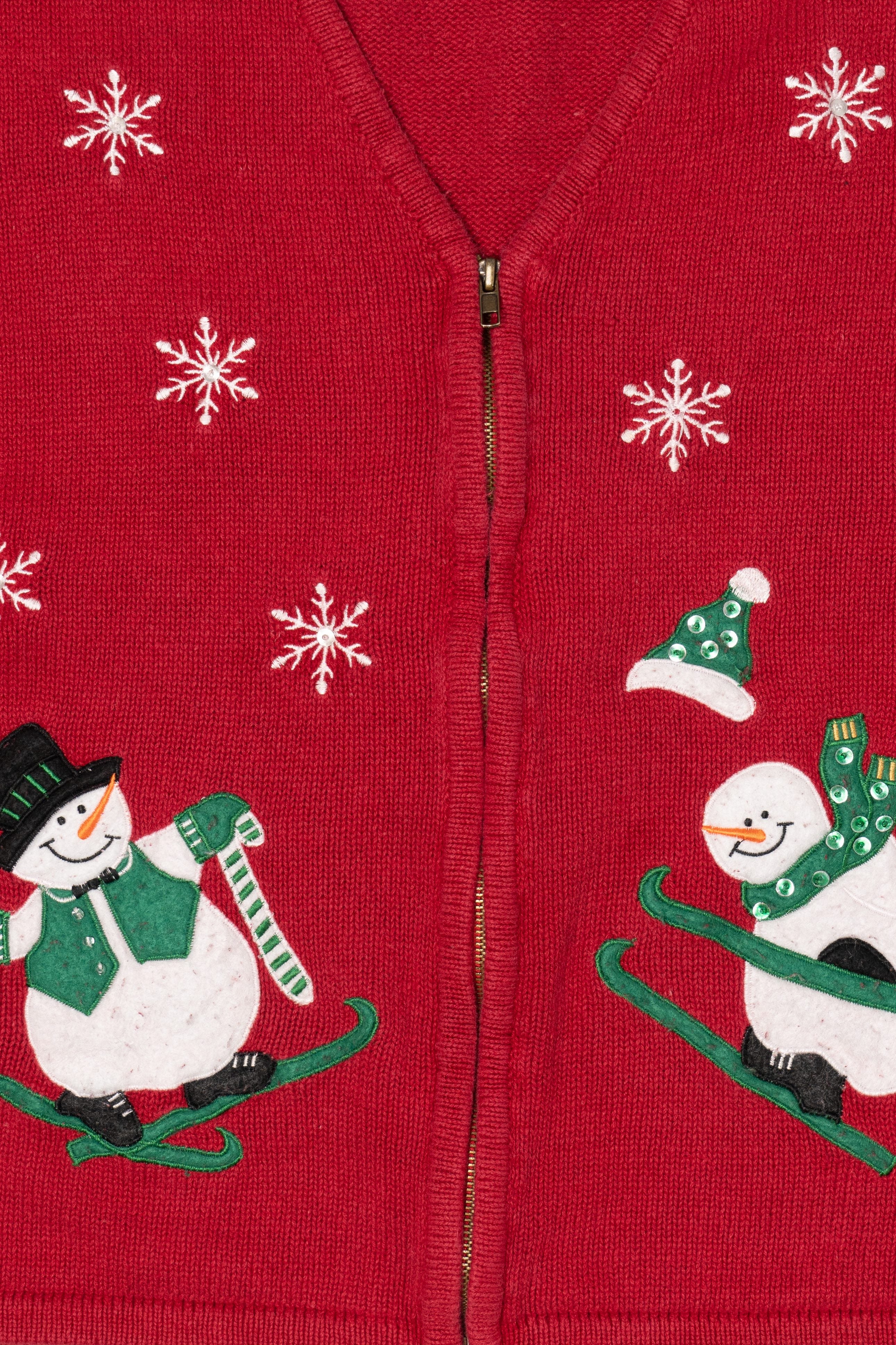 Vintage Red Bobbie Brooks Snowmen Skiing Ugly Christmas Vest (1990s)