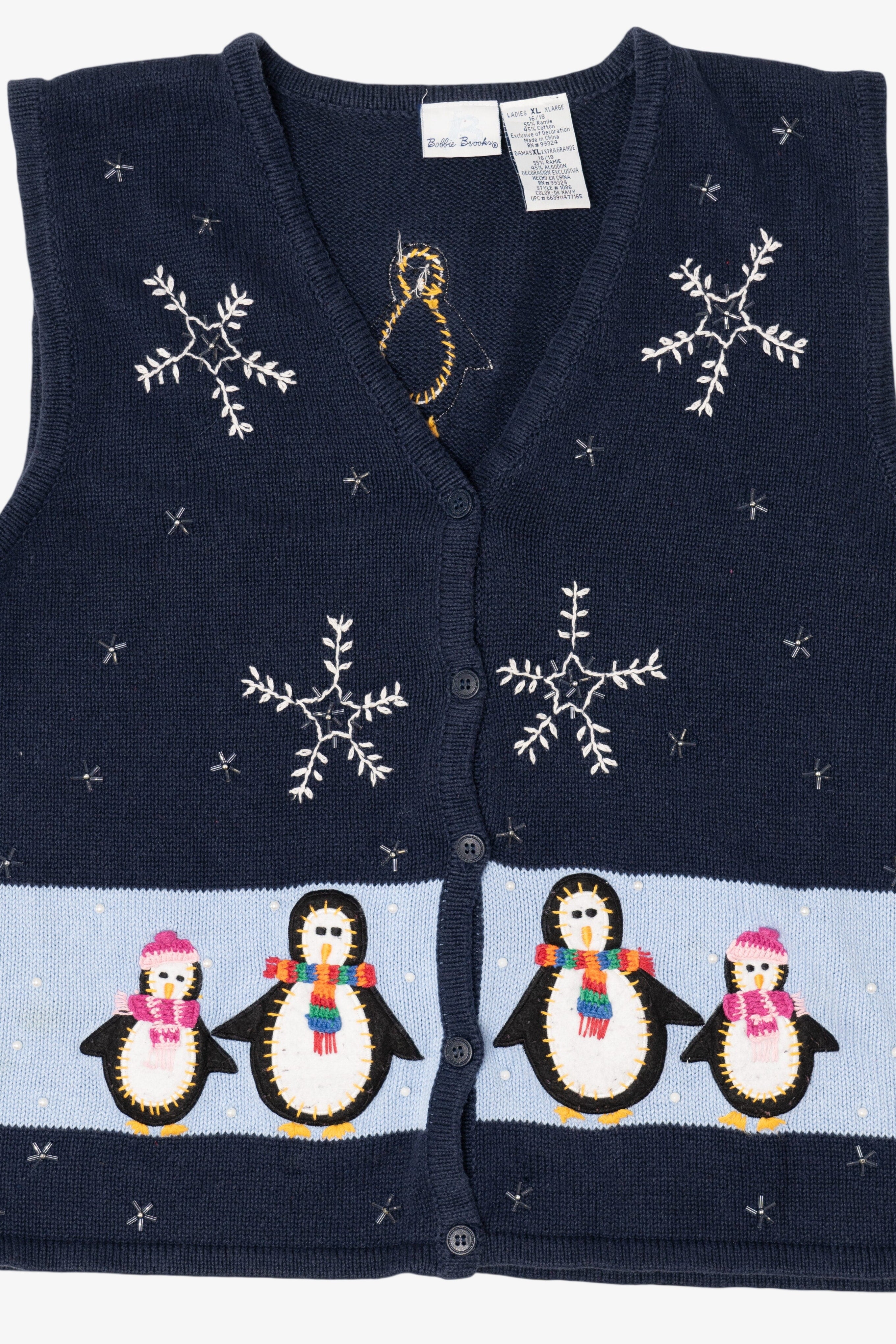 Vintage Navy Blue Bobbie Brooks Penguins Ugly Christmas Vest (1990s)