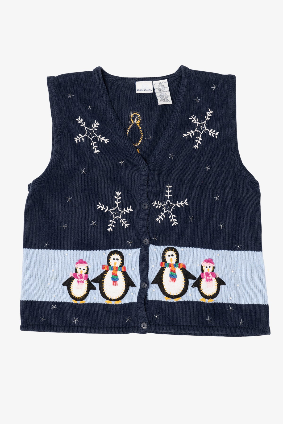 Vintage Navy Blue Bobbie Brooks Penguins Ugly Christmas Vest (1990s)