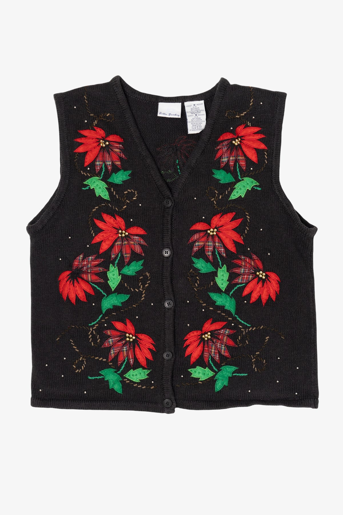 Vintage Black Bobbie Brooks Poinsettias Ugly Christmas Vest (1990s)